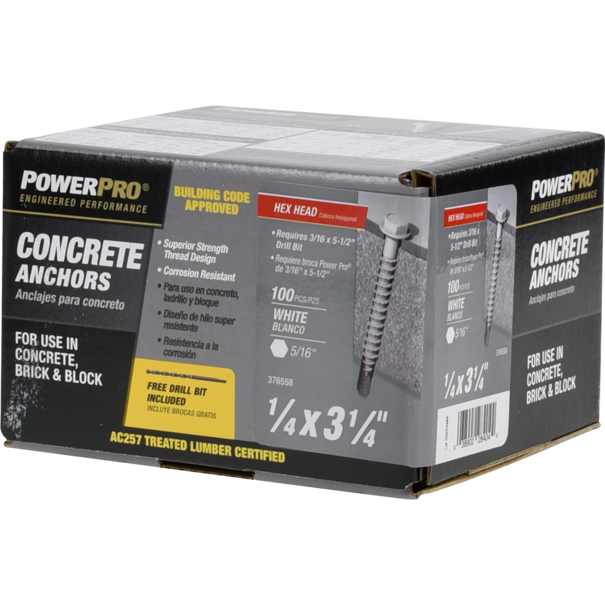 Power Pro White Hex Washer-Head Concrete Screw Anchor (1/4 in. x 3-1/4 in.) - 100 pc