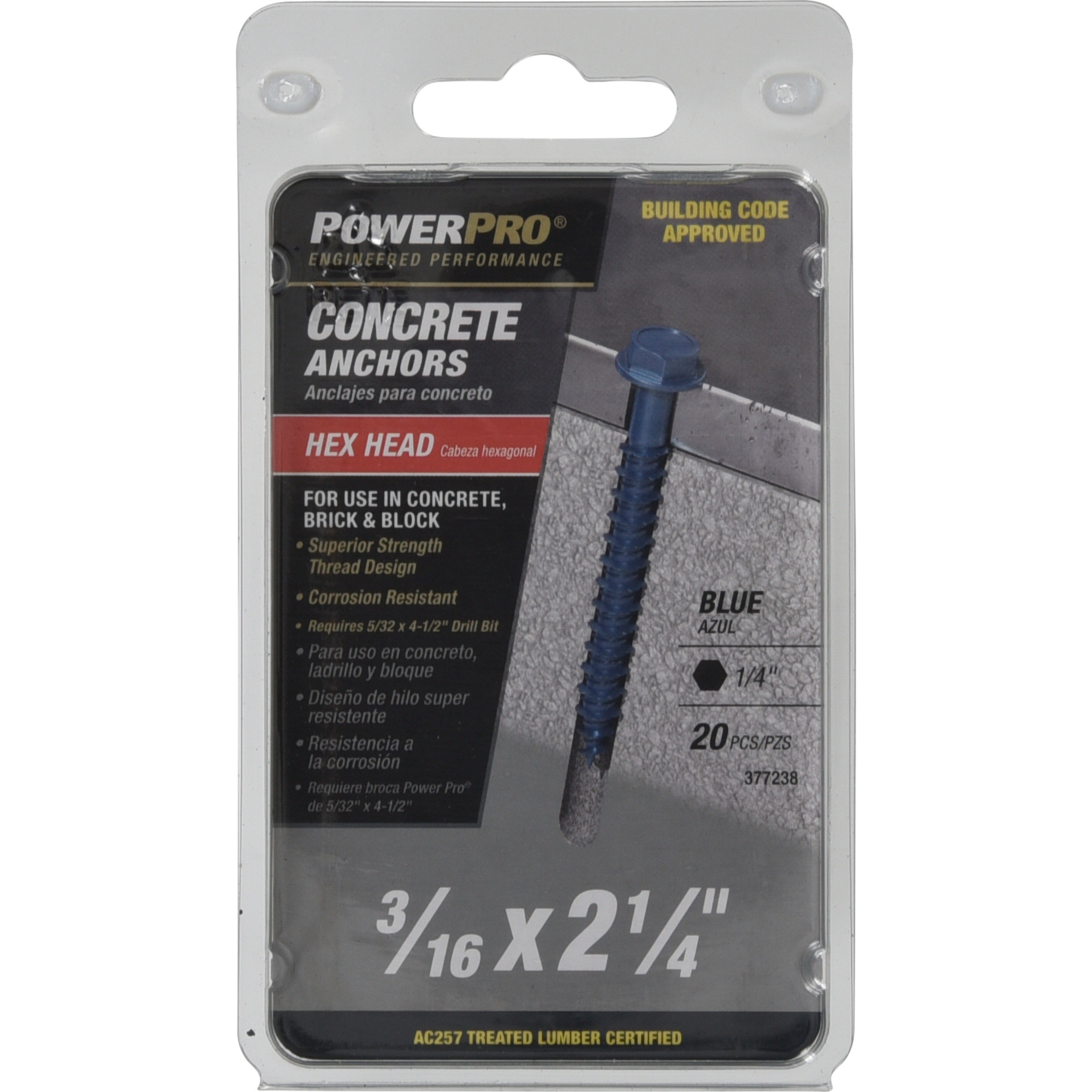 Power Pro Blue Hex Washer-Head Concrete Screw Anchor (3/16 in. x 2-1/4 in.) - 20 pc