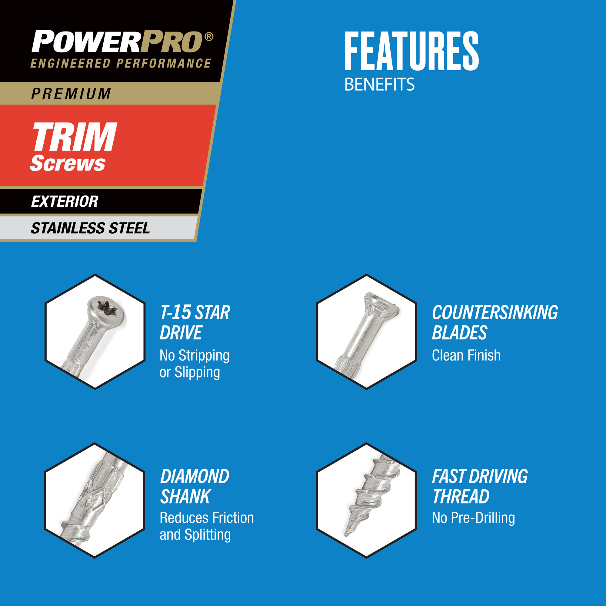 Power Pro� Premium 305 Stainless Steel Trim Screws (#8 x 2 in.) - 40pc