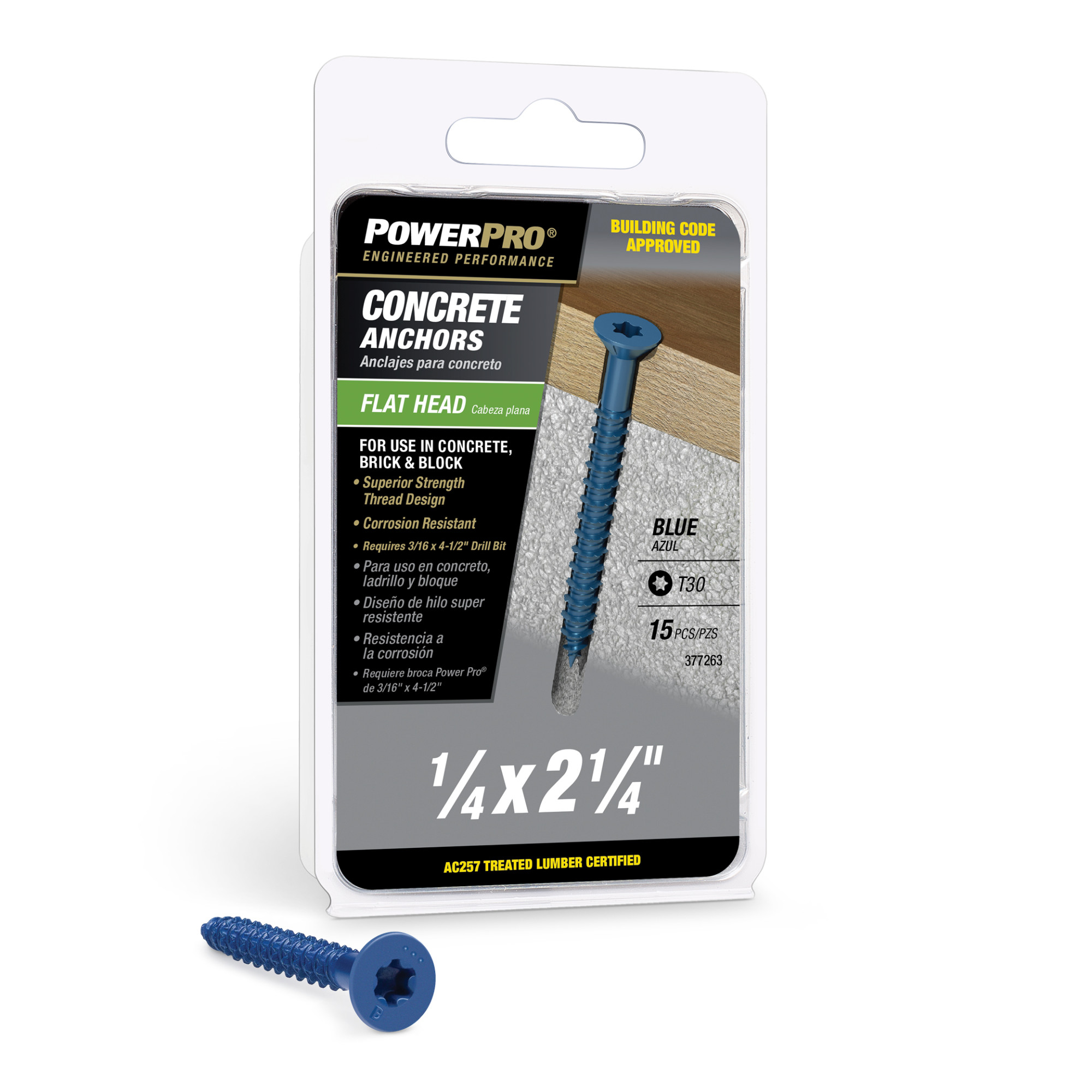Power Pro Blue Flat-Head Concrete Screw Anchor (1/4 in. x 2-1/4 in.) - 15 pc