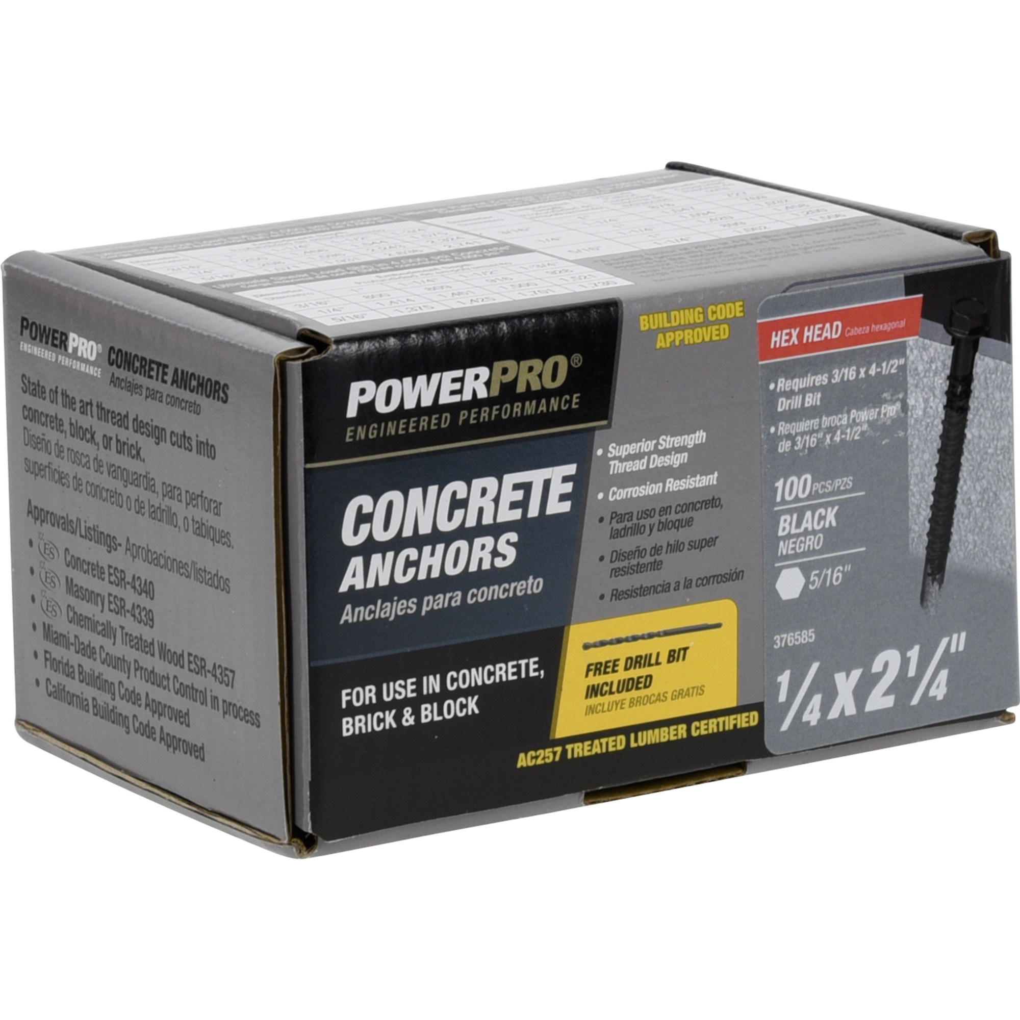 Power Pro Black Hex Washer-Head Concrete Screw Anchor (1/4 in. x 2-1/4 in.) - 100 pc