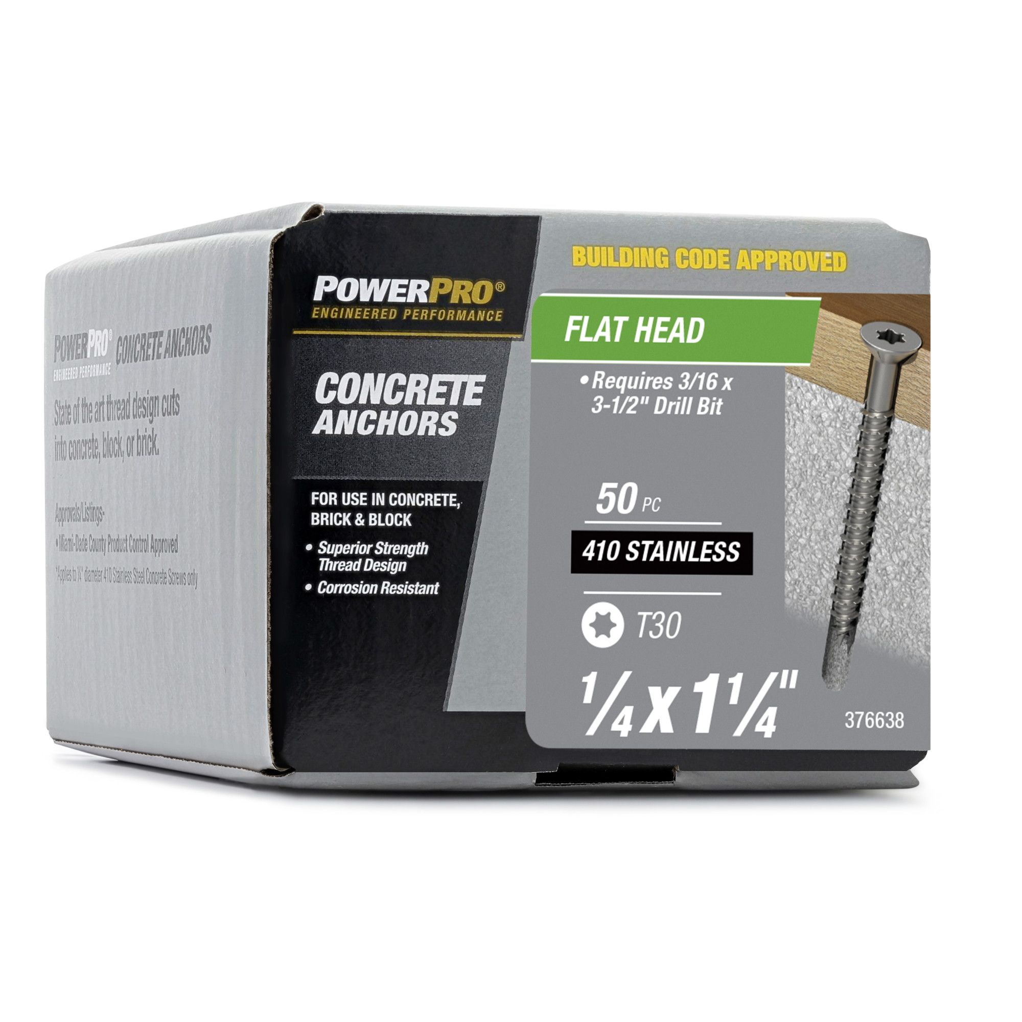 Power Pro 410 Stainless Flat Concrete Screw Anchor (1/4 in. x 1-1/4 in.) 100 pc