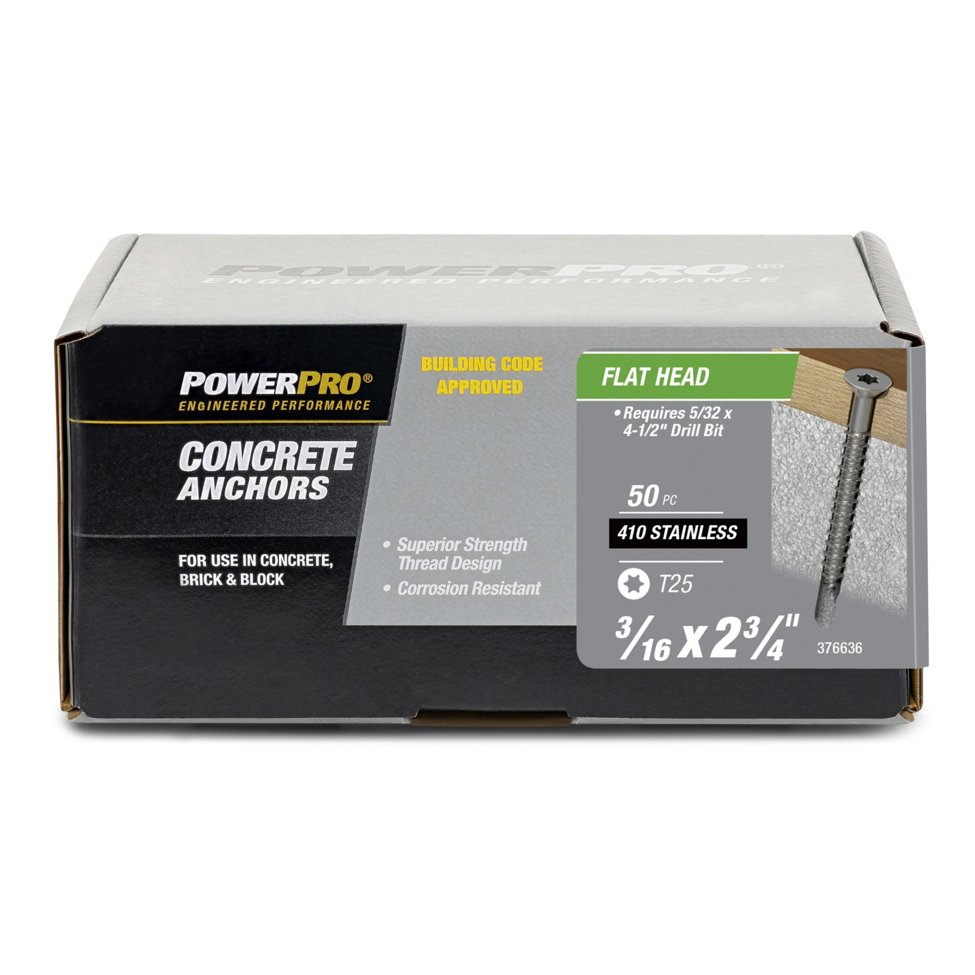 Power Pro 410 Stainless Flat Concrete Screw Anchor (3/16 in. x 2-3/4 in.) 100 pc