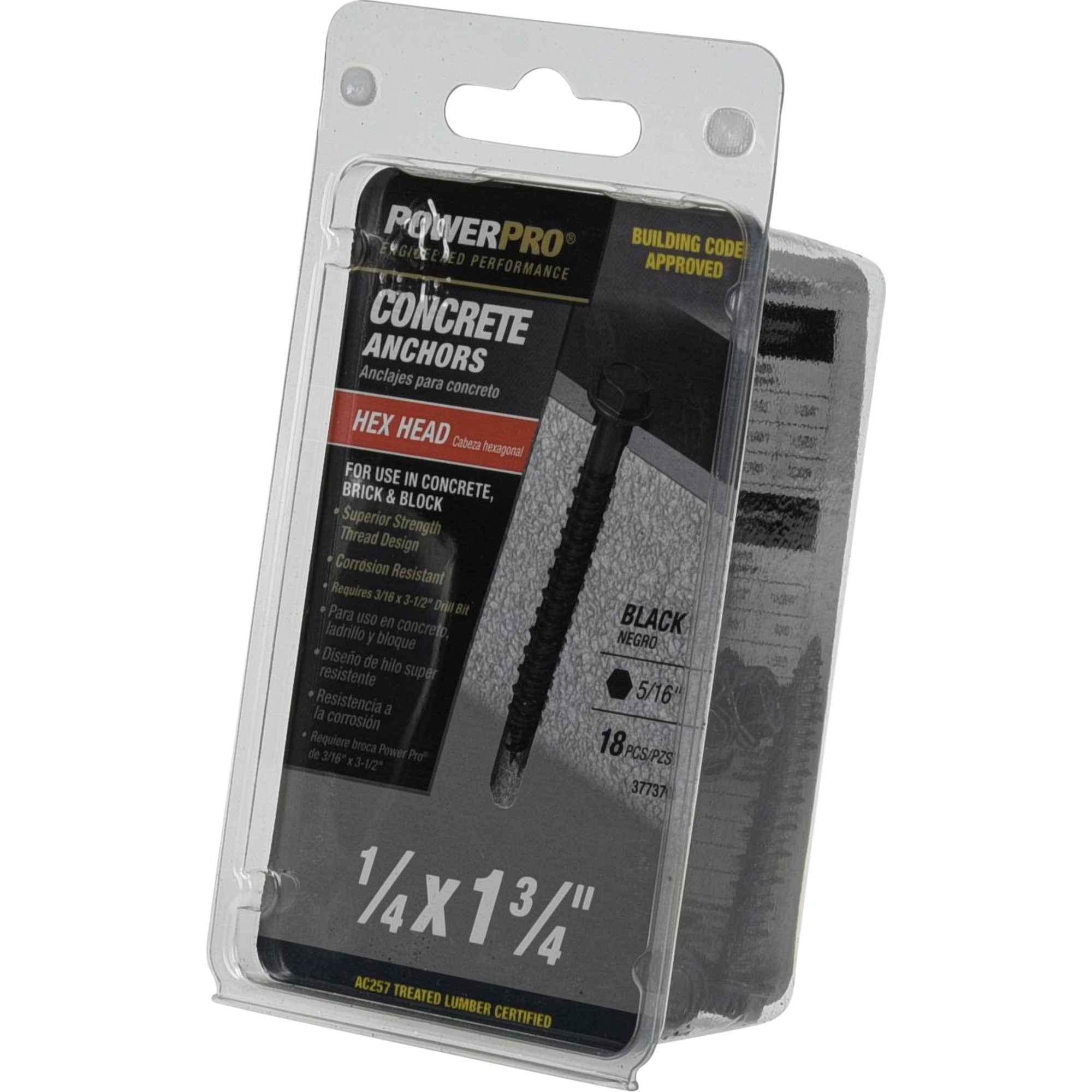Power Pro Black Hex Washer-Head Concrete Screw Anchor (1/4 in. x 1-3/4 in.) - 18 pc