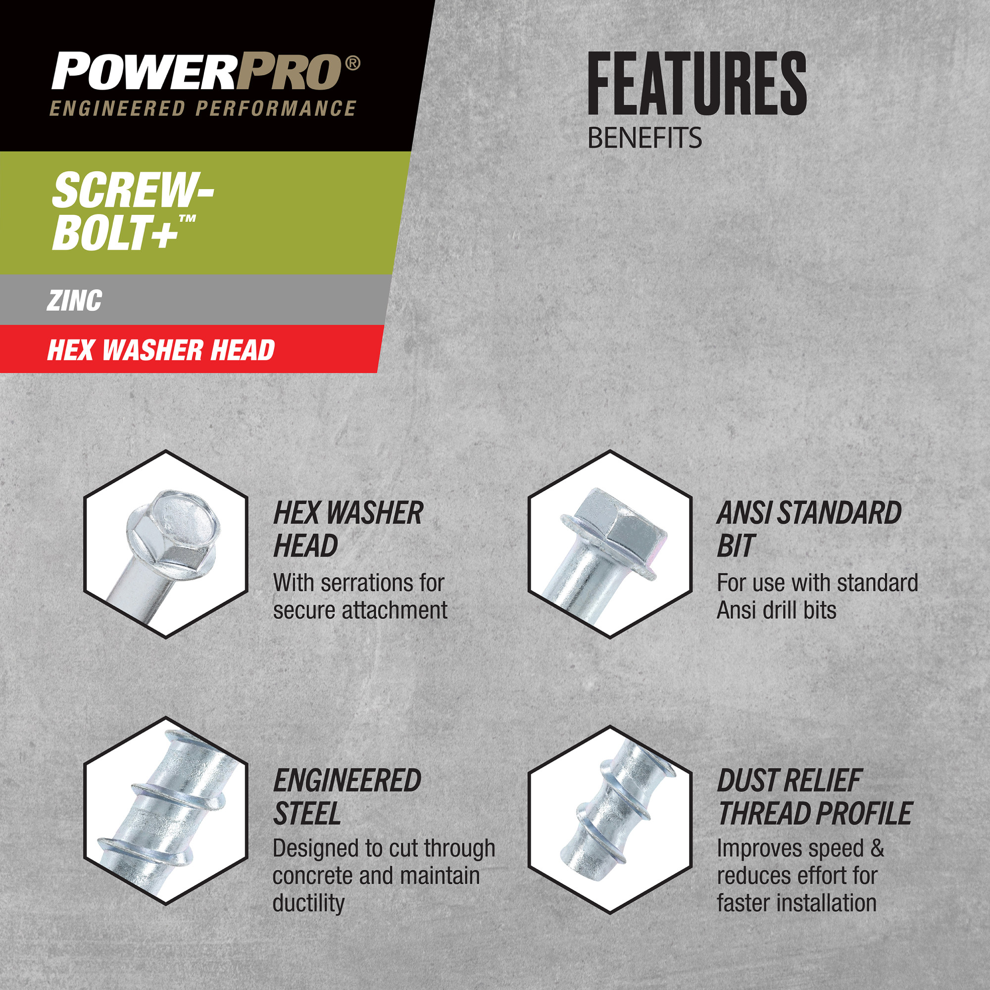 Power Pro Zinc Hex Washer Head Screw-Bolt+ Anchors (3/8 in. x 3 in.) - 50 pc