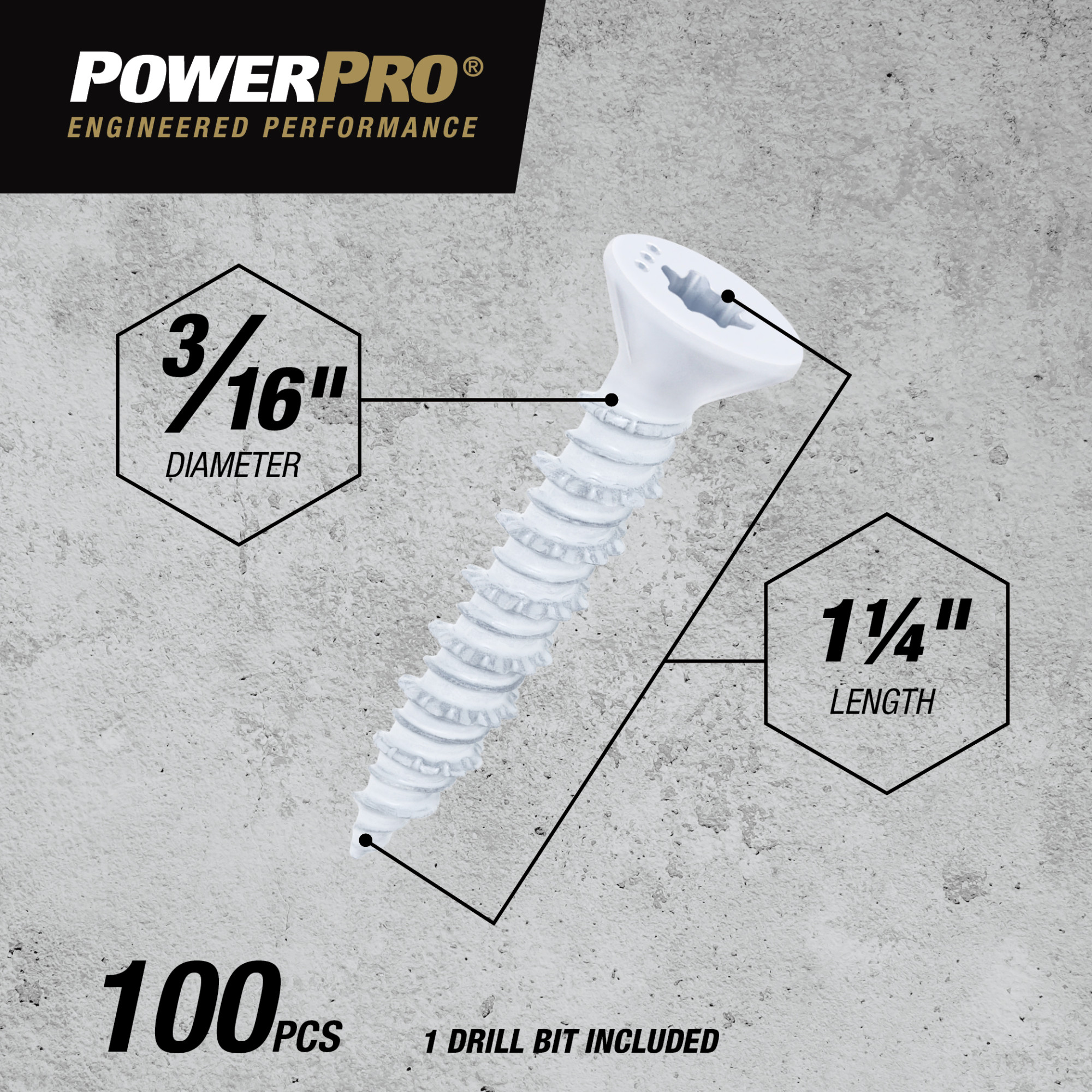 Power Pro White Flat-Head Concrete Screw Anchor (3/16 in. x 1-1/4 in.) - 100 pc