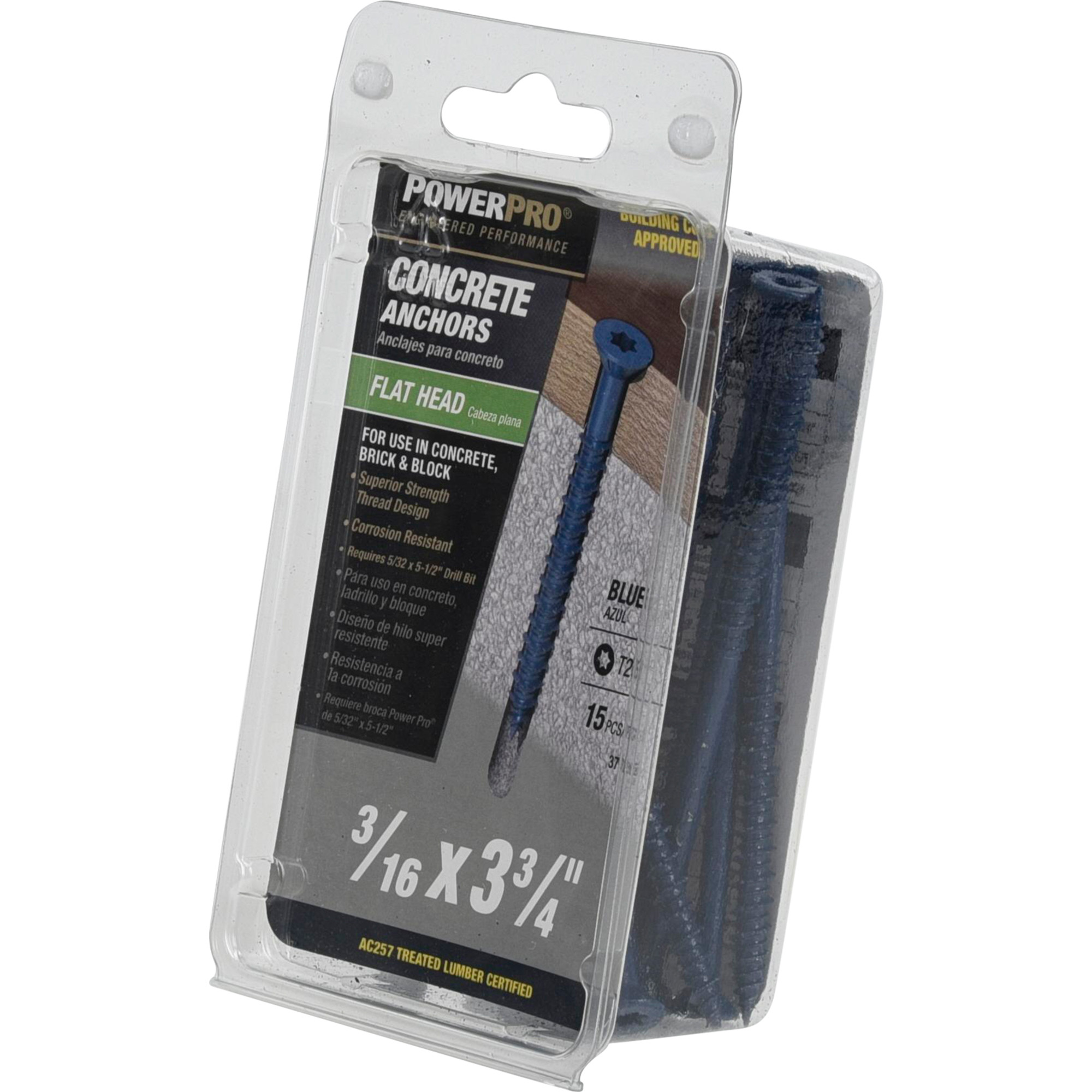 Power Pro Blue Flat-Head Concrete Screw Anchor (3/16 in. x 3-3/4 in.) - 15 pc
