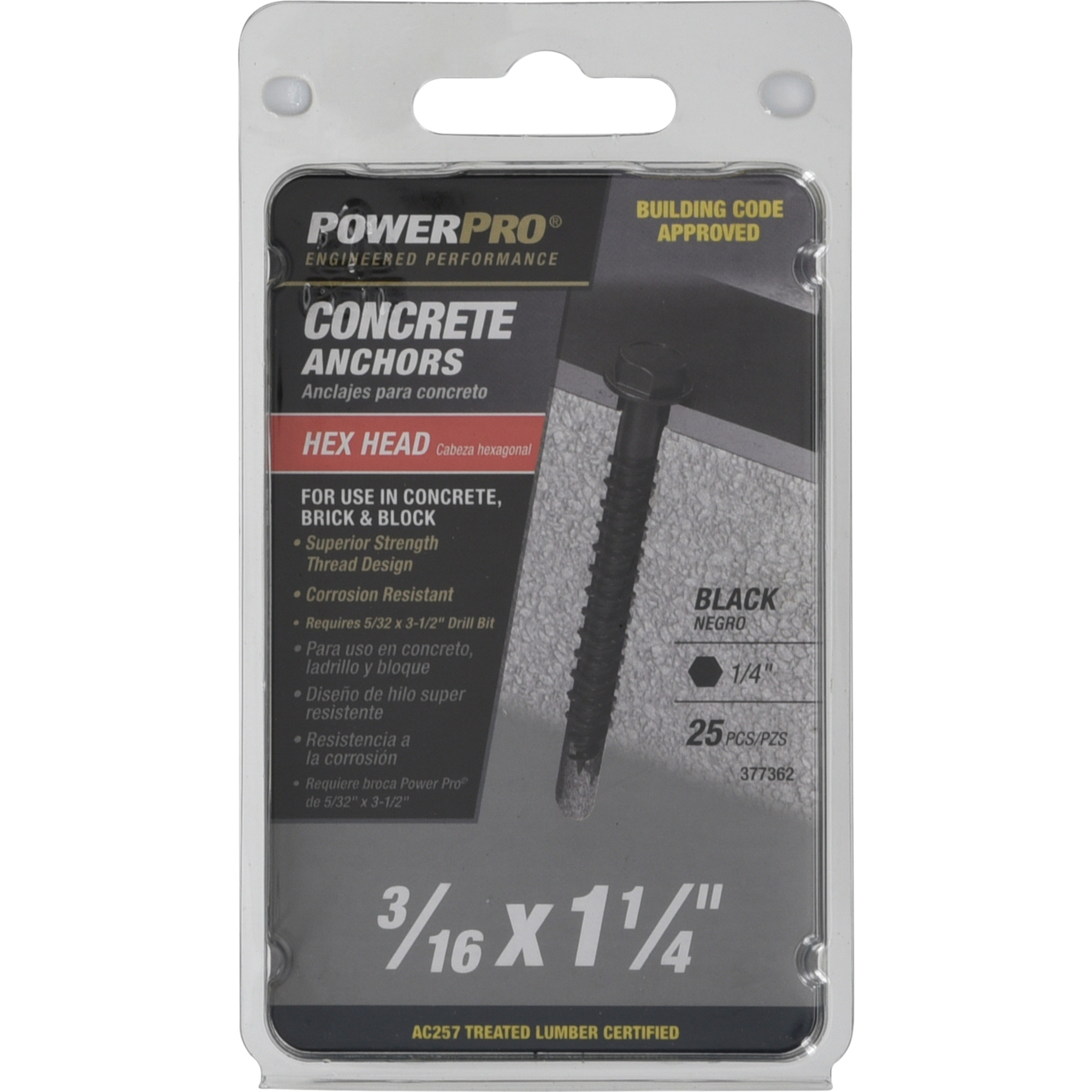 Power Pro Black Hex Washer-Head Concrete Screw Anchor (3/16 in. x 1-1/4 in.) - 25 pc
