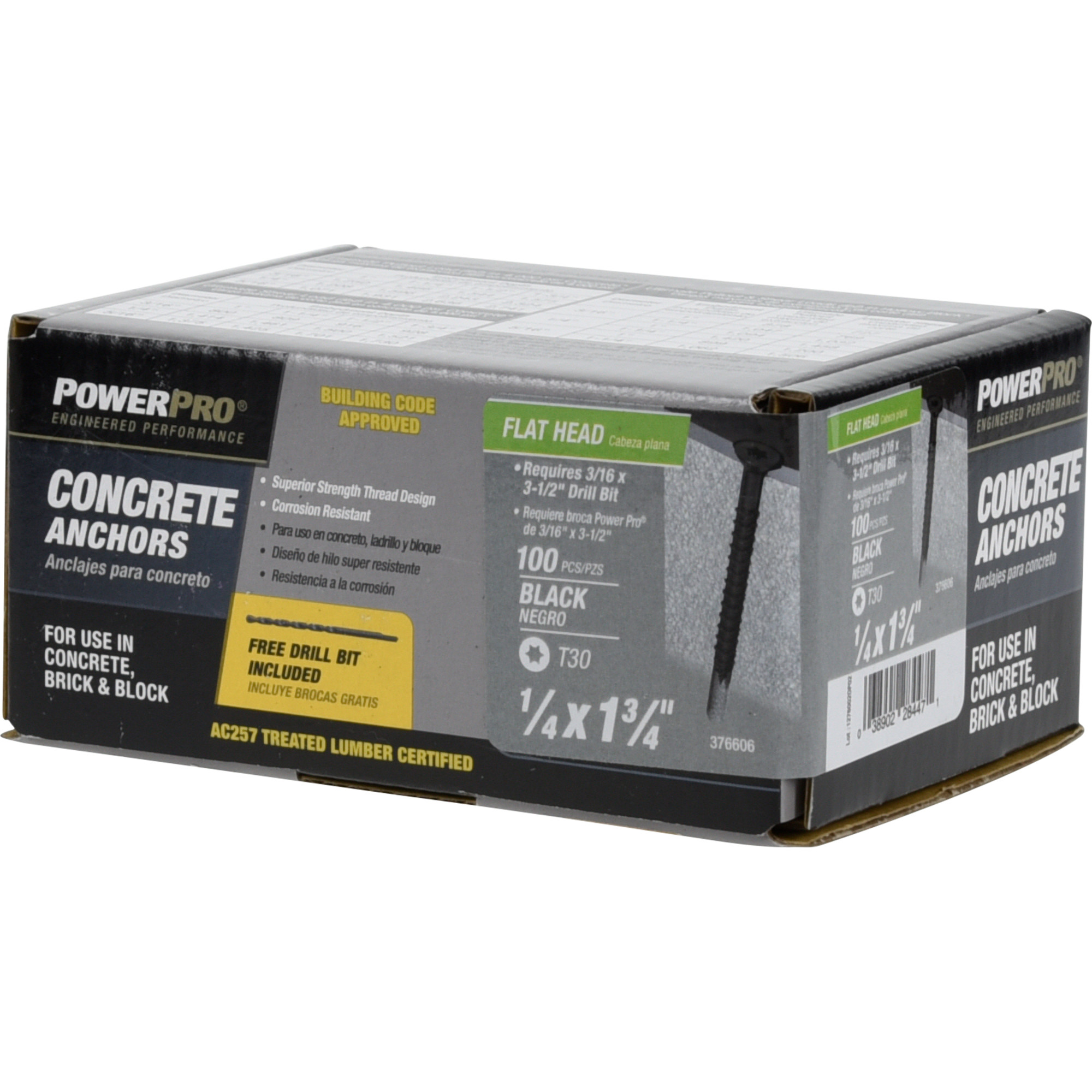 Power Pro Black Flat-Head Concrete Screw Anchor (1/4 in. x 1-3/4 in.) - 100 pc