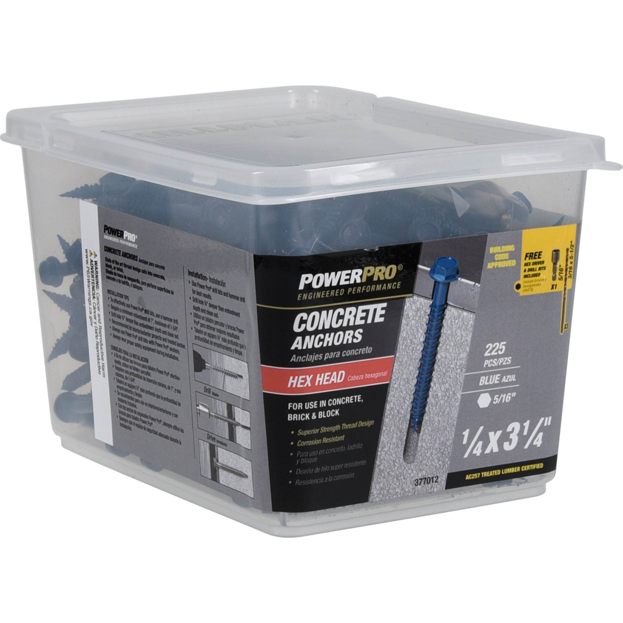 Power Pro Blue Hex Washer-Head Concrete Screw Anchor (1/4 in. x 3-1/4 in.) - 225 pc