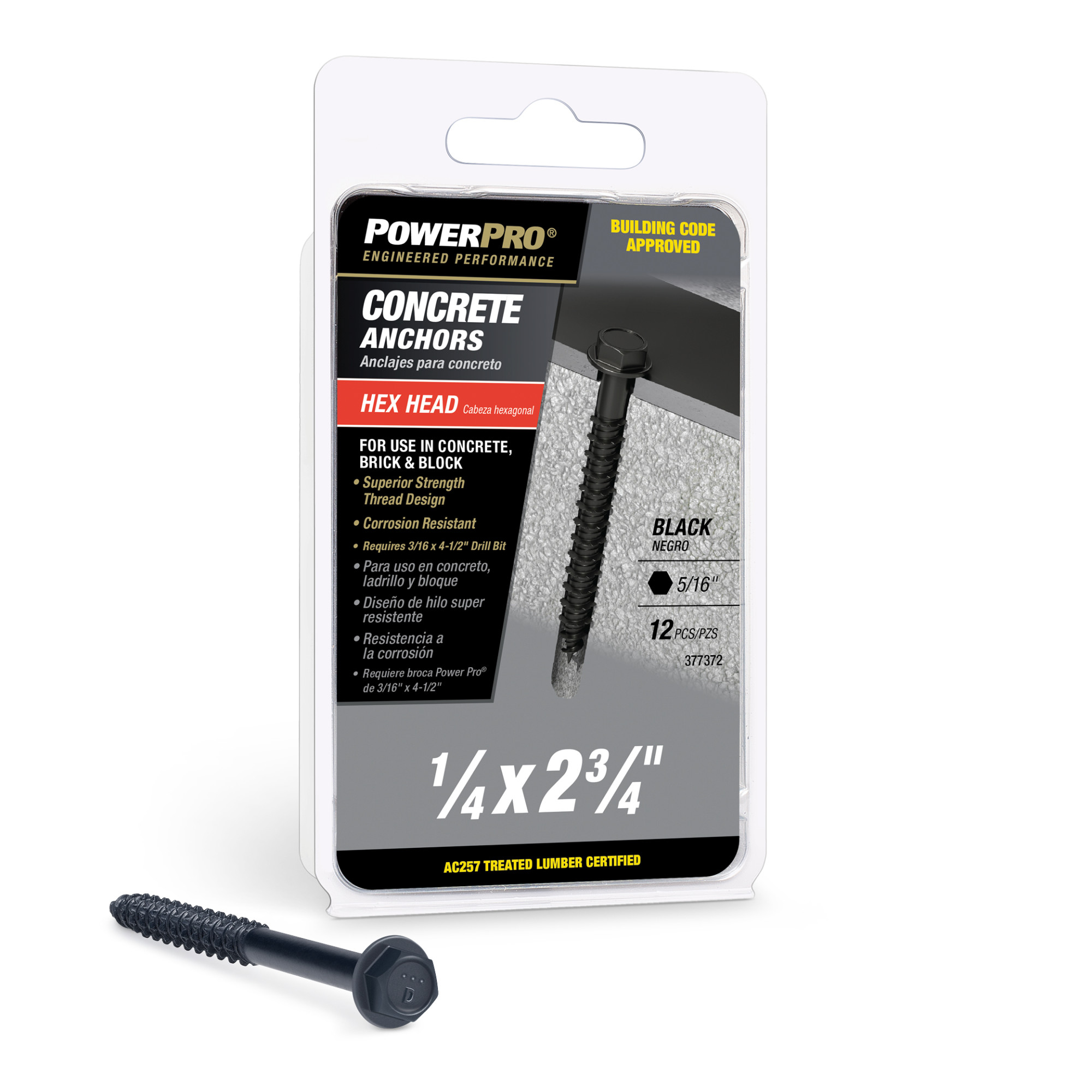 Power Pro Black Hex Washer-Head Concrete Screw Anchor (1/4 in. x 2-3/4 in.) - 12 pc