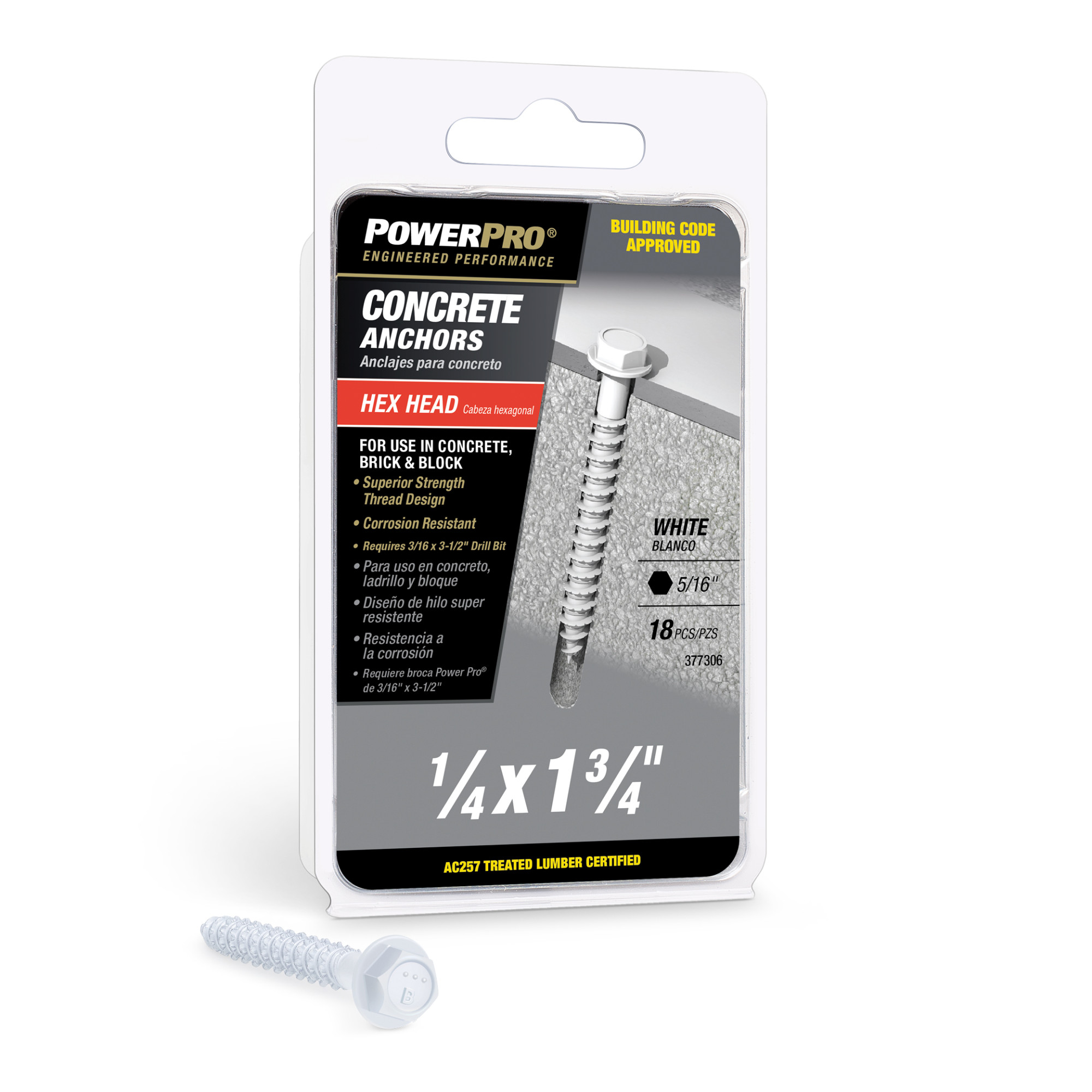Power Pro White Hex Washer-Head Concrete Screw Anchor (1/4 in. x 1-3/4 in.) - 18 pc