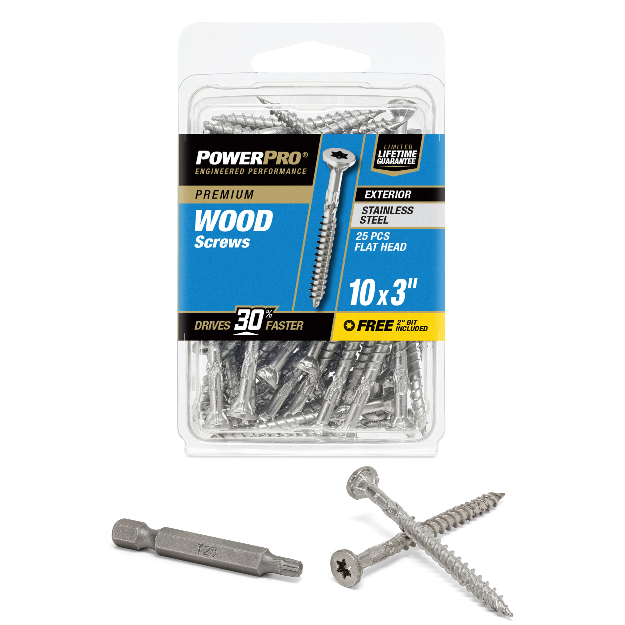Power Pro Premium 305 Stainless Steel Wood Screws (#10 x 3 in.) - 25 pc
