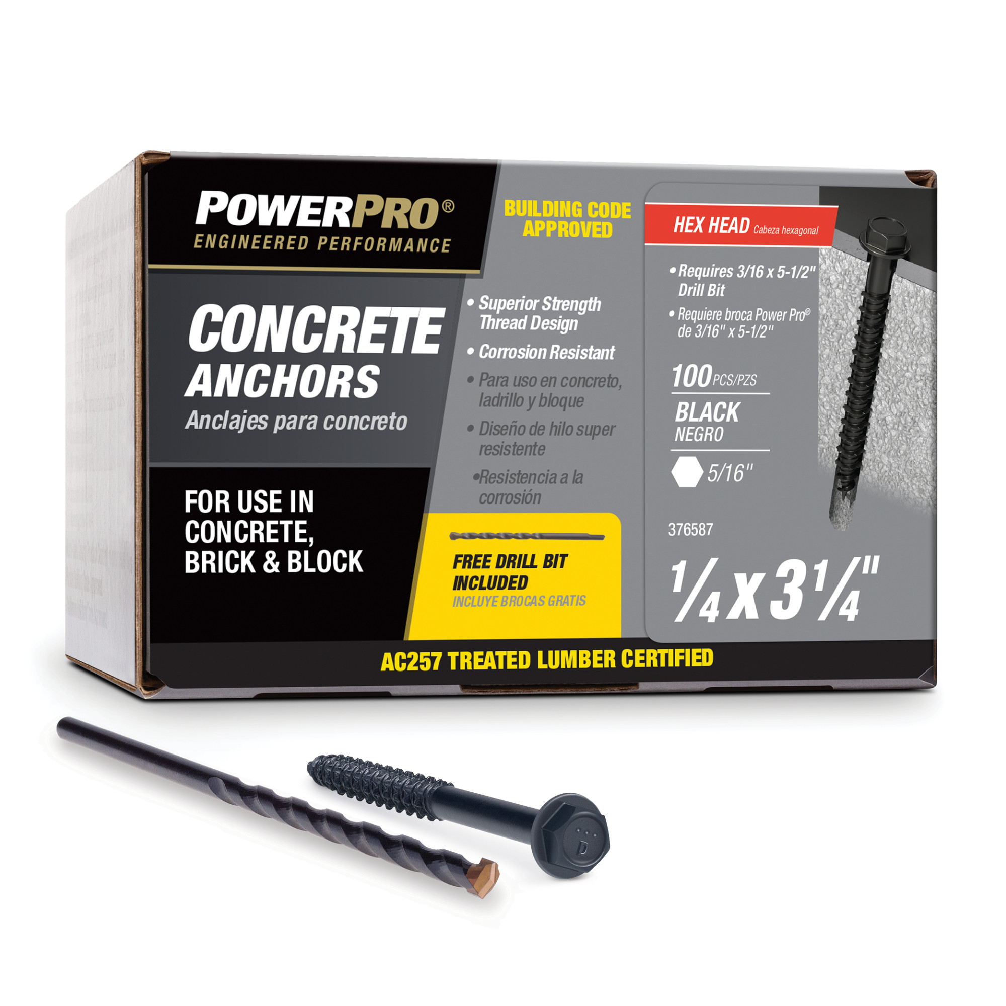 Power Pro Black Hex Washer-Head Concrete Screw Anchor (1/4 in. x 3-1/4 in.) - 100 pc