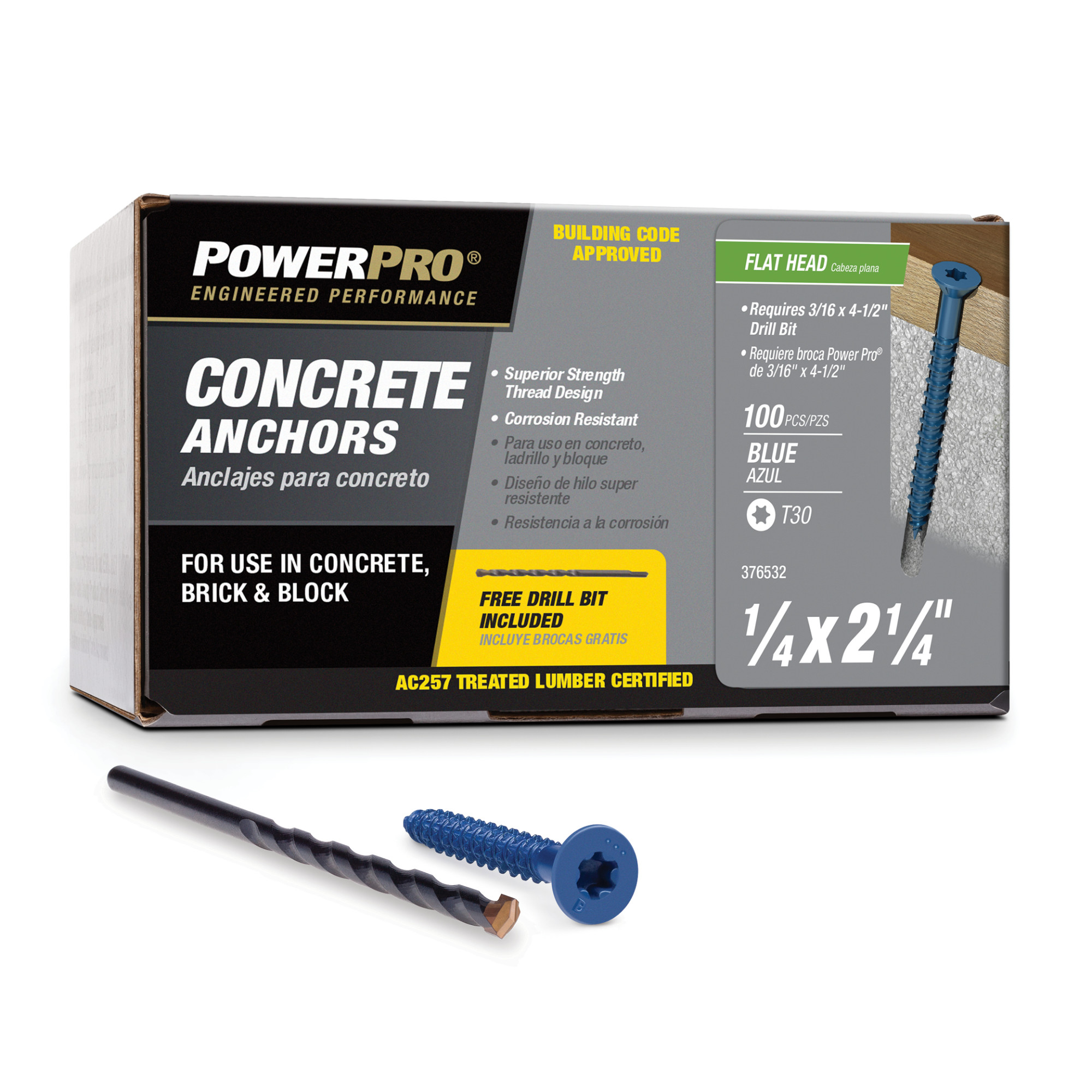 Power Pro Blue Flat-Head Concrete Screw Anchor (1/4 in. x 2-1/4 in.) - 100 pc