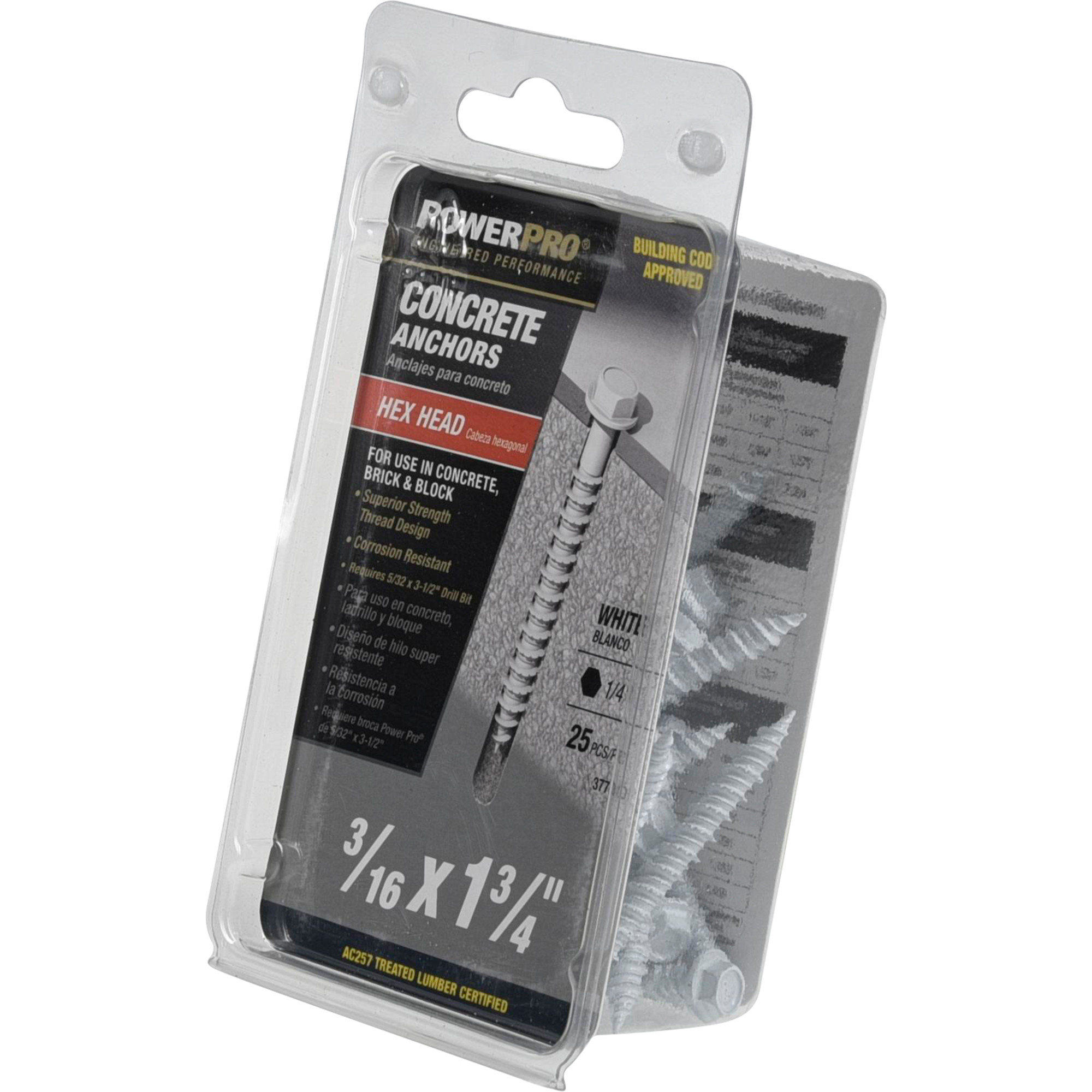 Power Pro White Hex Washer-Head Concrete Screw Anchor (3/16 in. x 1-3/4 in.) - 25 pc