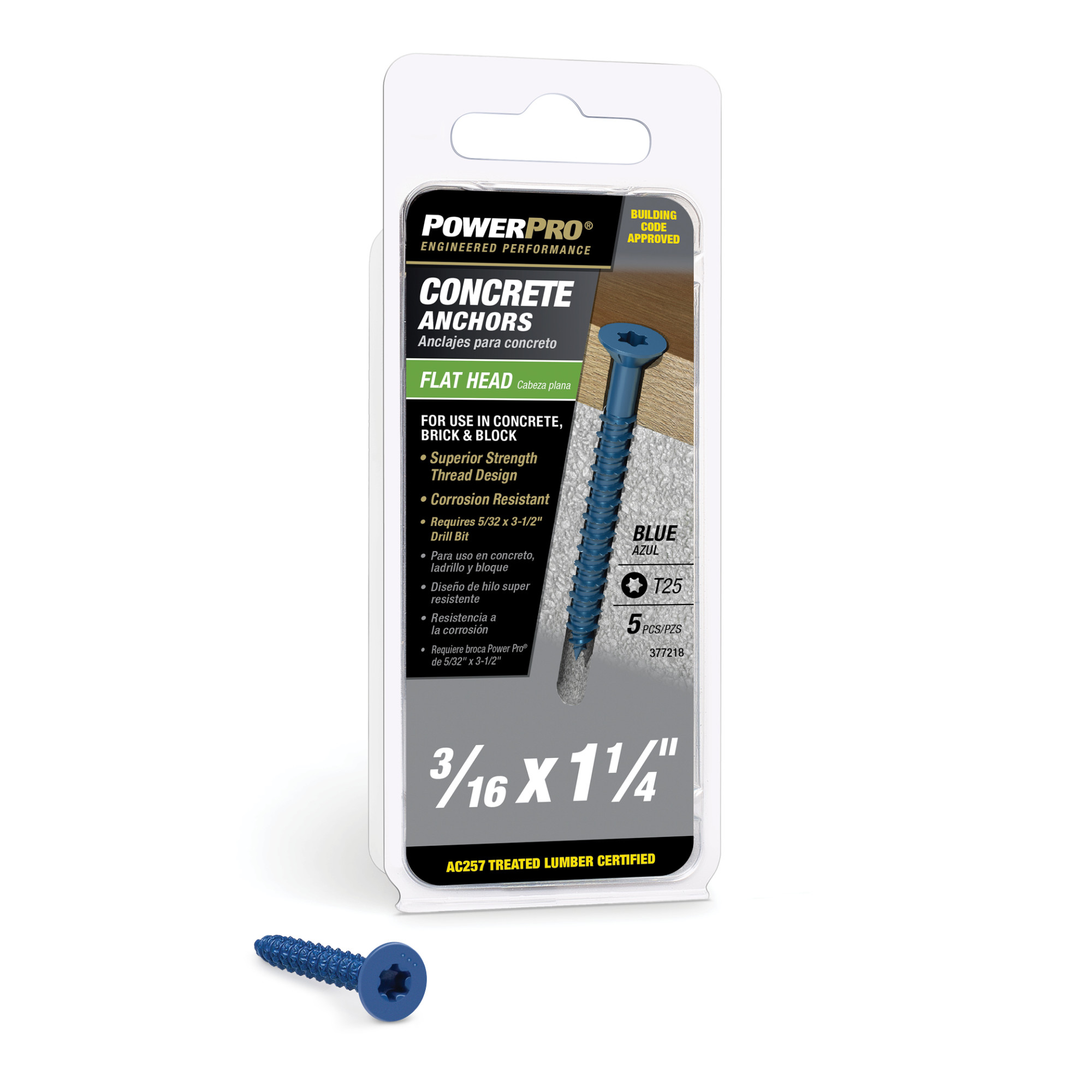 Power Pro Blue Flat-Head Concrete Screw Anchor (3/16 in. x 1-1/4 in.) - 5 pc