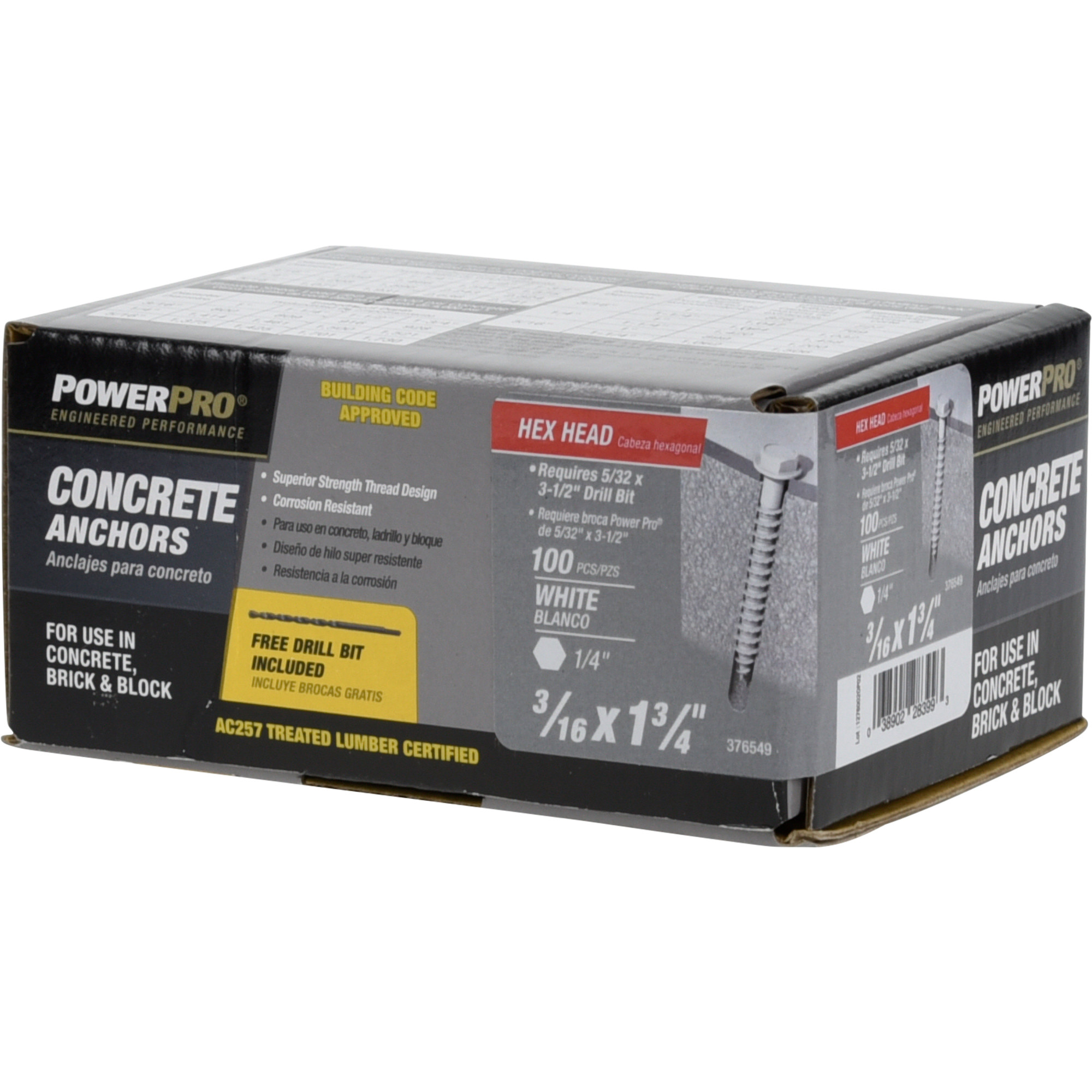 Power Pro White Hex Washer-Head Concrete Screw Anchor (3/16 in. x 1-3/4 in.) - 100 pc