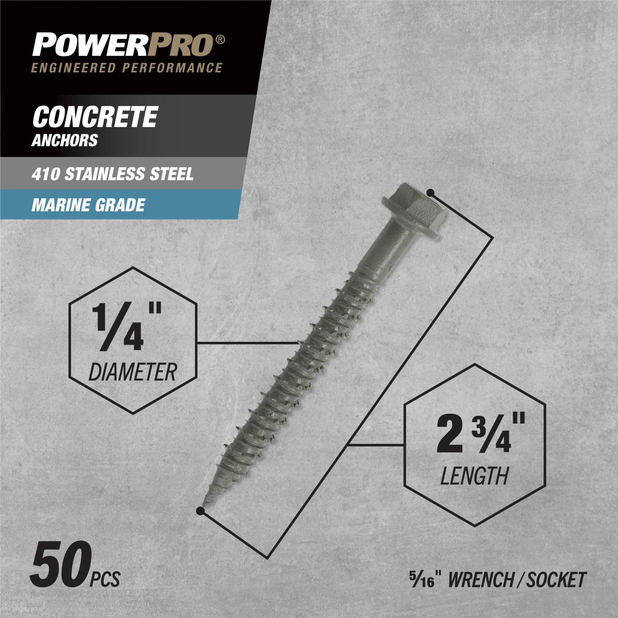 Power Pro 410 Stainless Hex Washer Concrete Screw Anchor (1/4 in. x 2-3/4 in.) 100pc