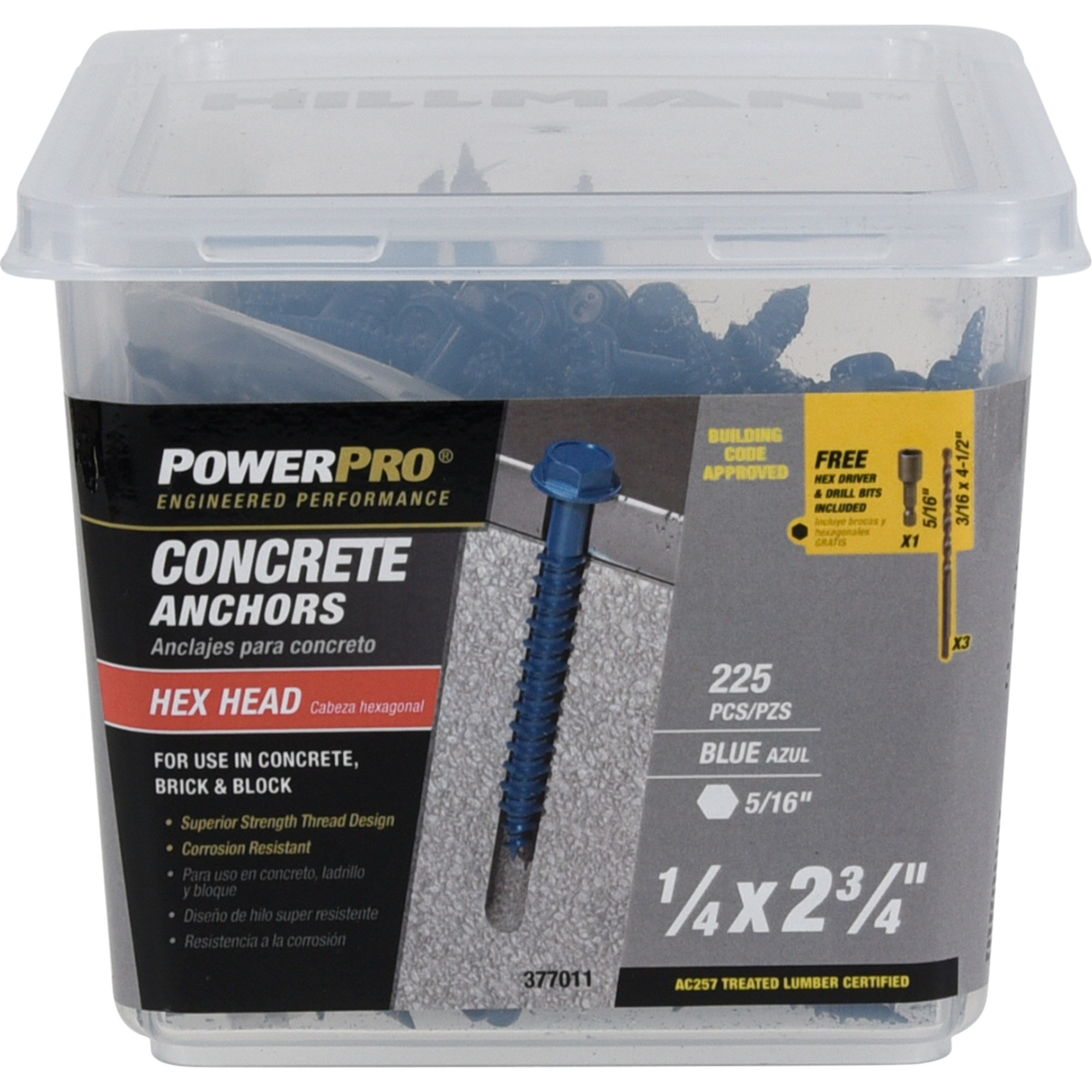 Power Pro Blue Hex Washer-Head Concrete Screw Anchor (1/4 in. x 2-3/4 in.) - 225 pc