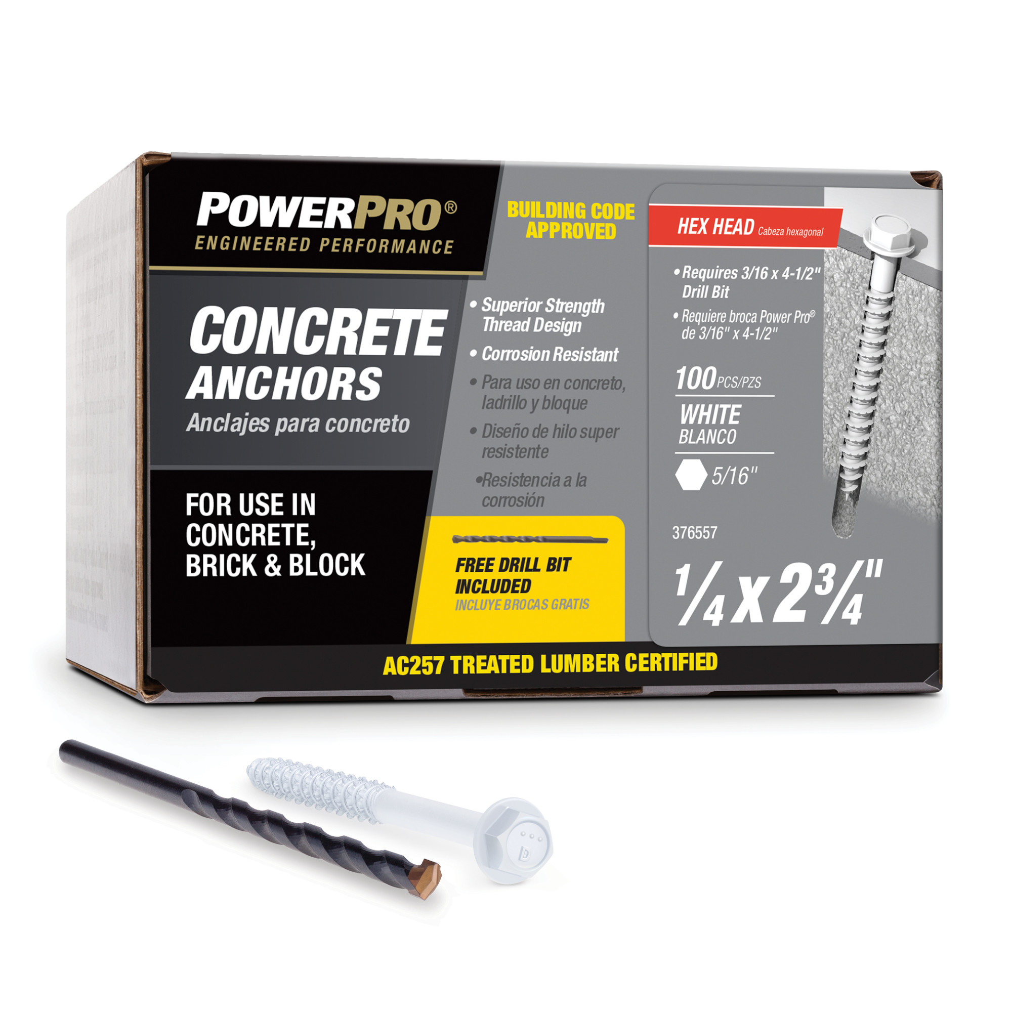 Power Pro White Hex Washer-Head Concrete Screw Anchor (1/4 in. x 2-3/4 in.) - 100 pc