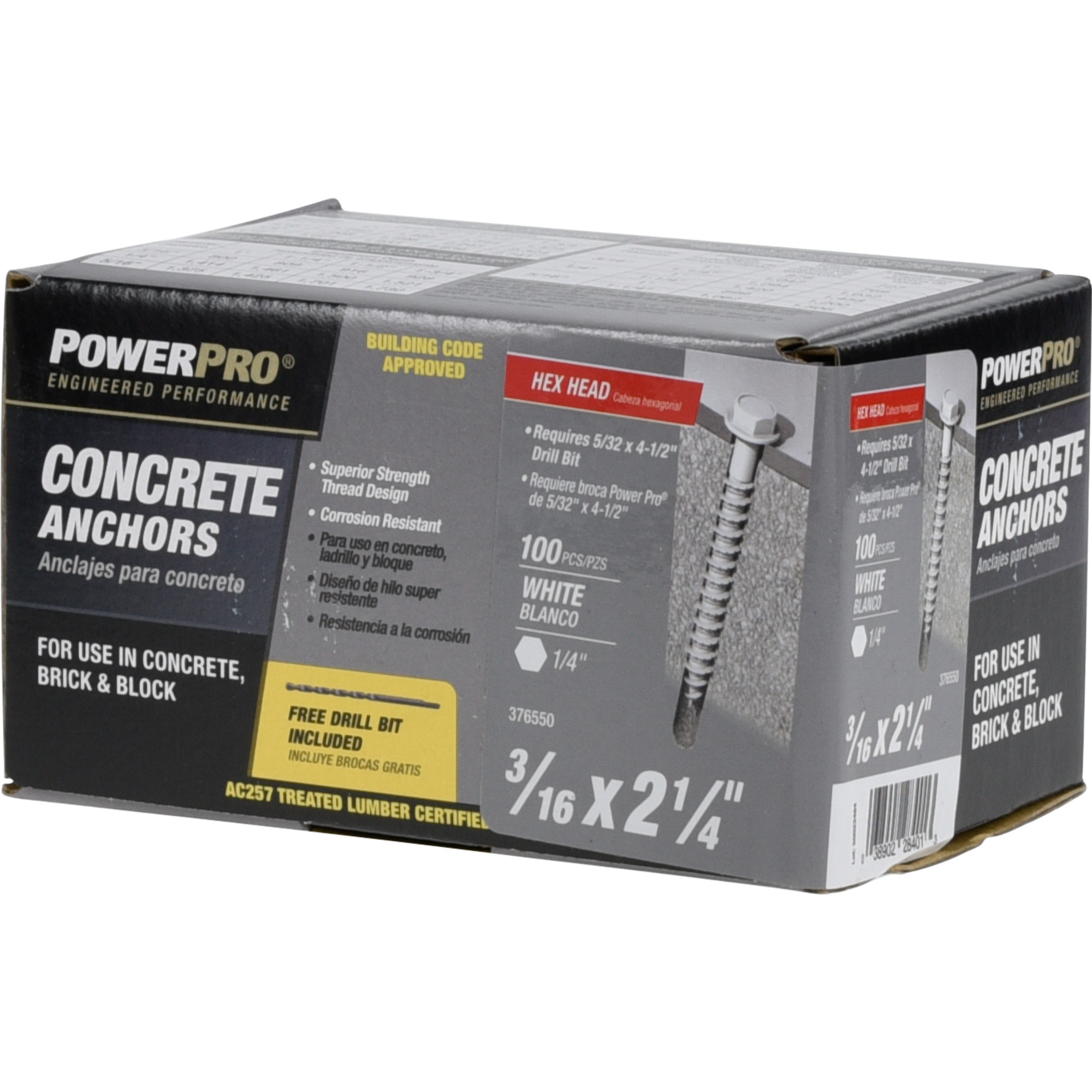 Power Pro White Hex Washer-Head Concrete Screw Anchor (3/16 in. x 2-1/4 in.) - 100 pc