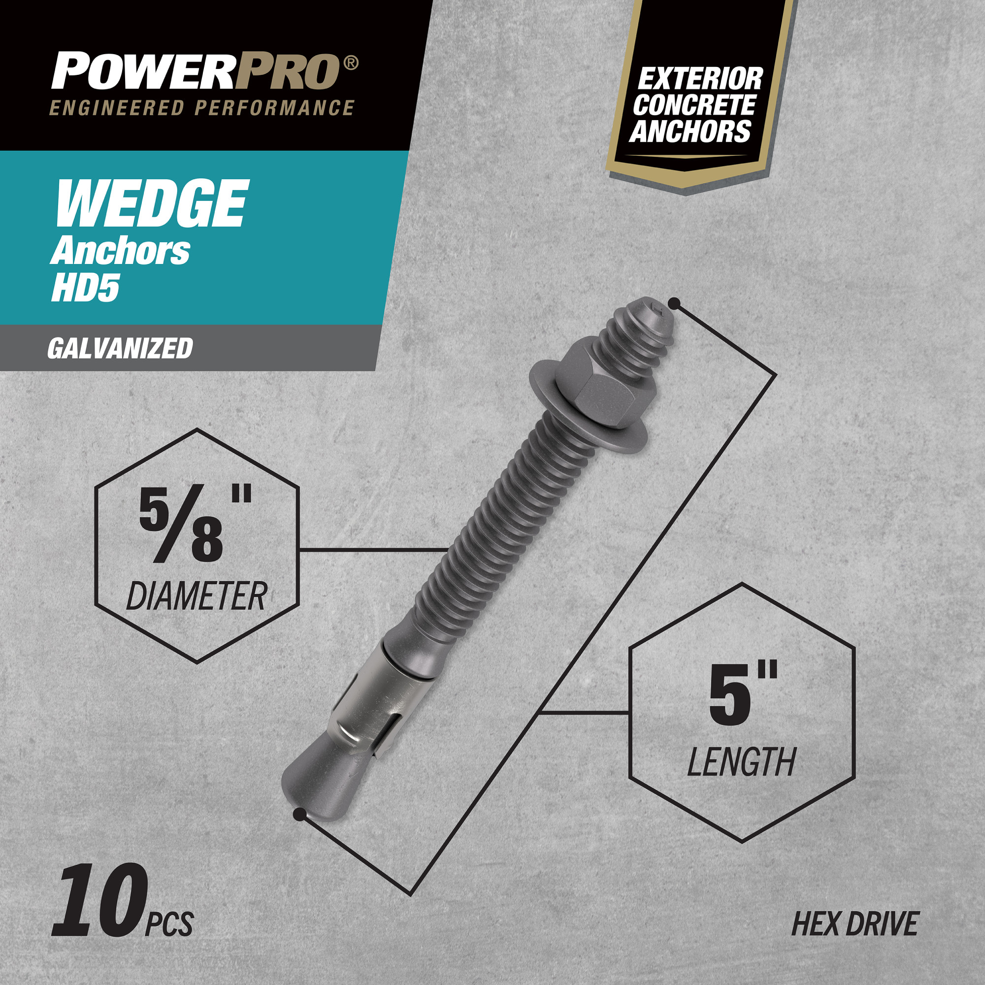 Power Pro HD5 Hot Dipped Galvanized Wedge Anchors (5/8 in. x 5 in.) - 10 pc