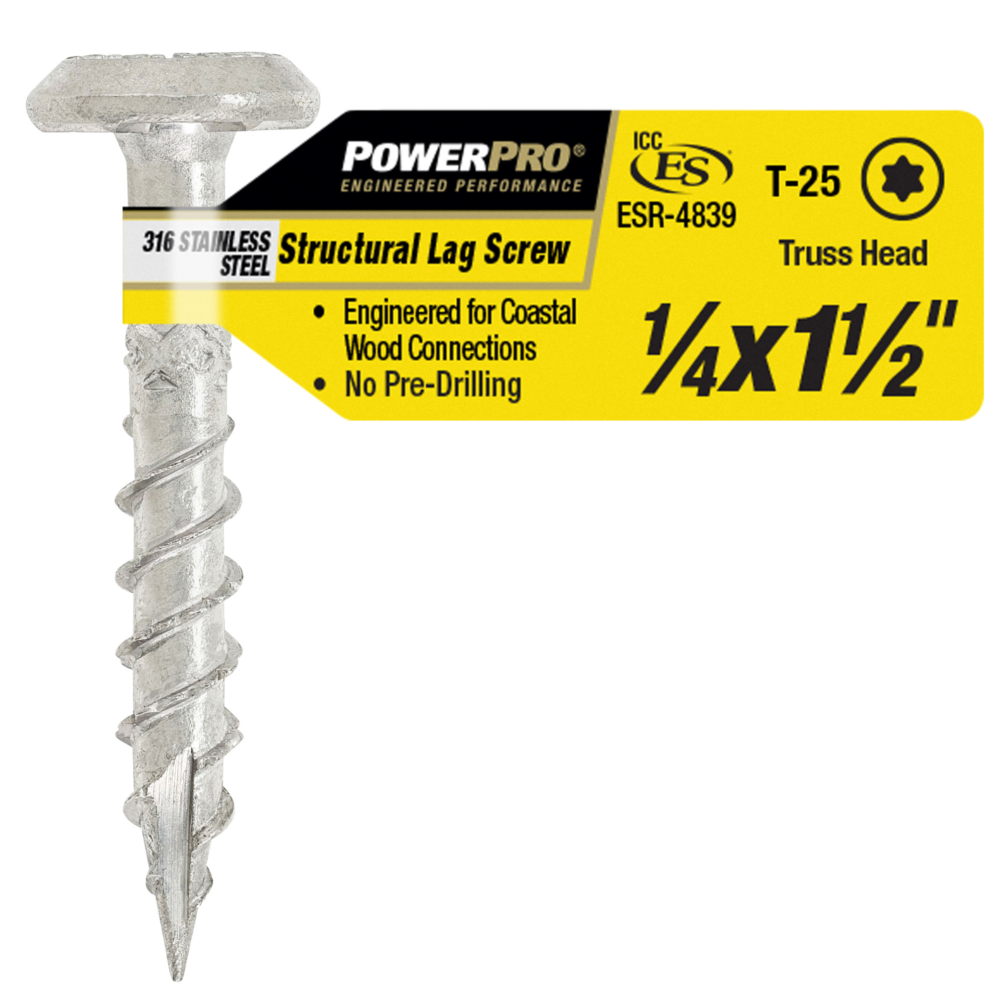 Power Pro 316SS Stainless Steel Structural Lag Screws 1/4 in. x 1-1/2 in. - 1pc