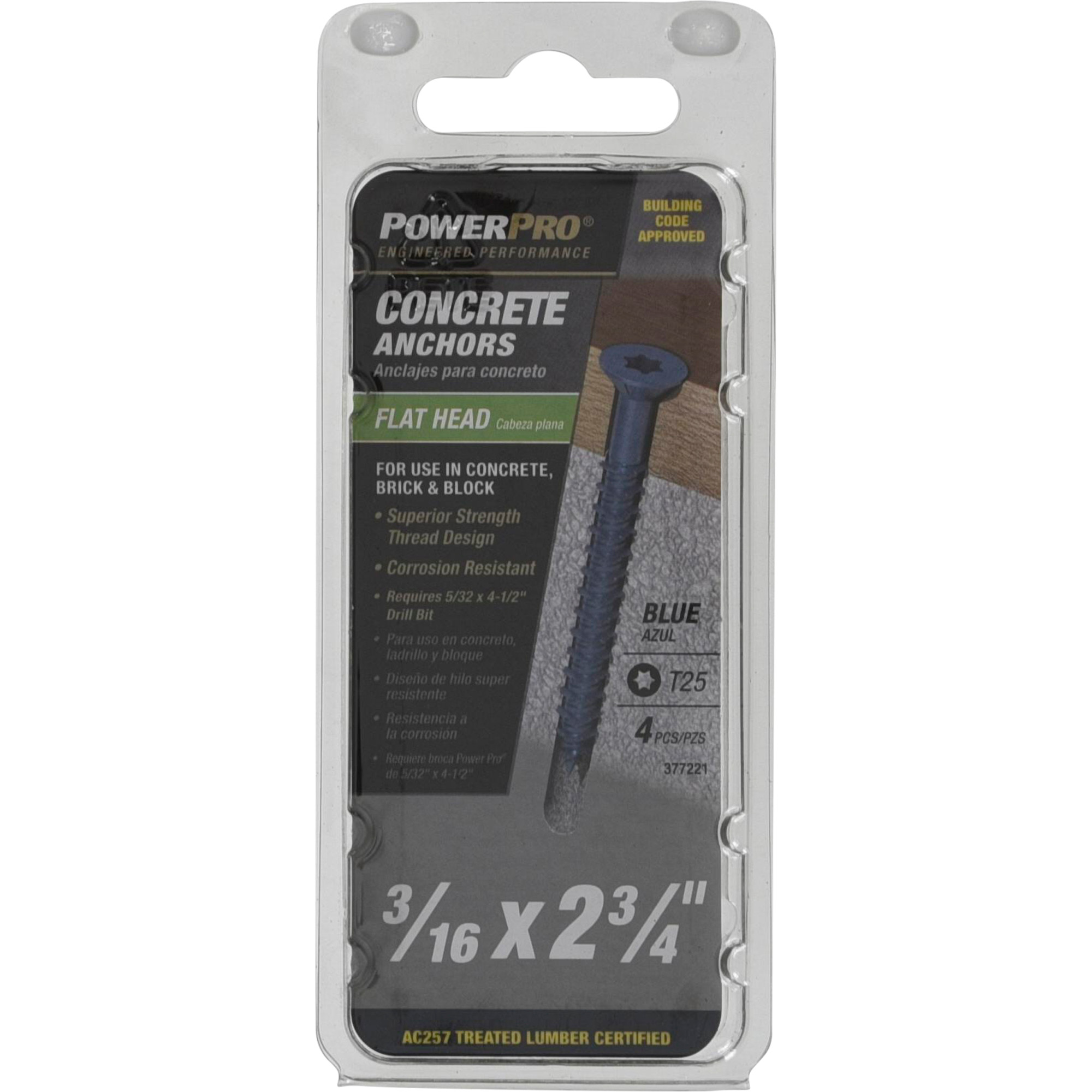 Power Pro Blue Flat-Head Concrete Screw Anchor (3/16 in. x 2-3/4 in.) - 4 pc