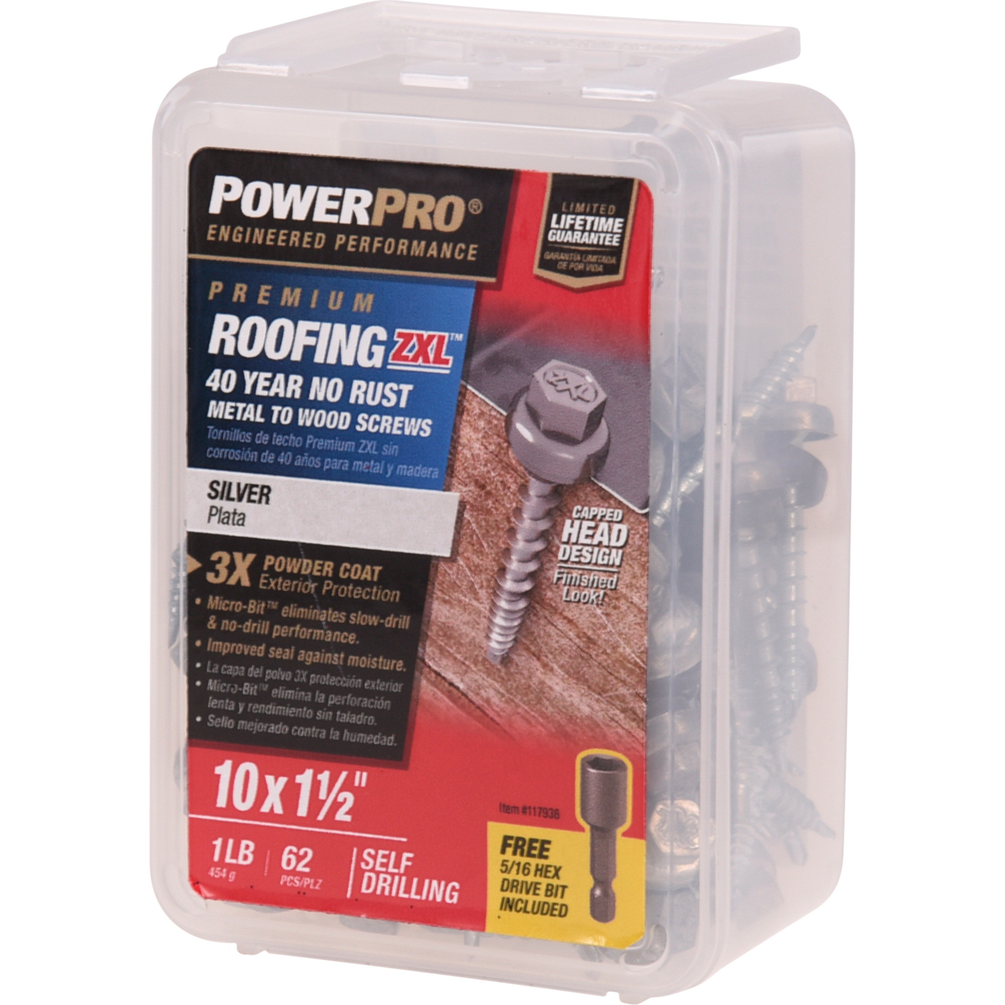 Power Pro Silver Self Drilling Metal-to-Wood Roofing Screws (#10 x 1-1/2 in.)-62 pc