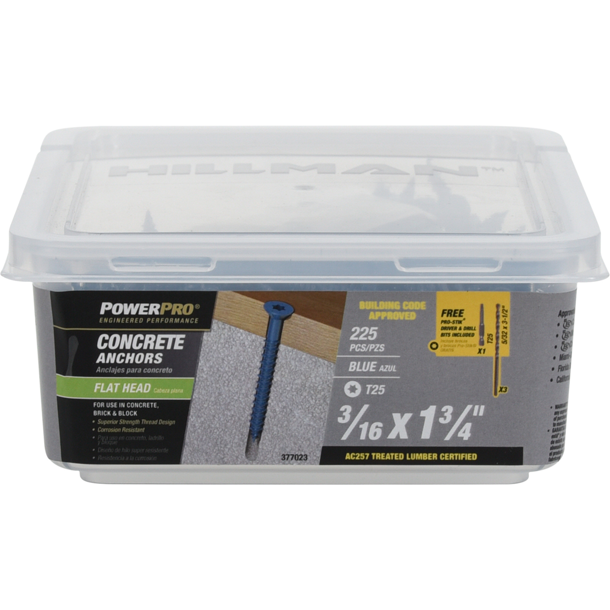 Power Pro Blue Flat-Head Concrete Screw Anchor (3/16 in. x 1-3/4 in.) - 225 pc