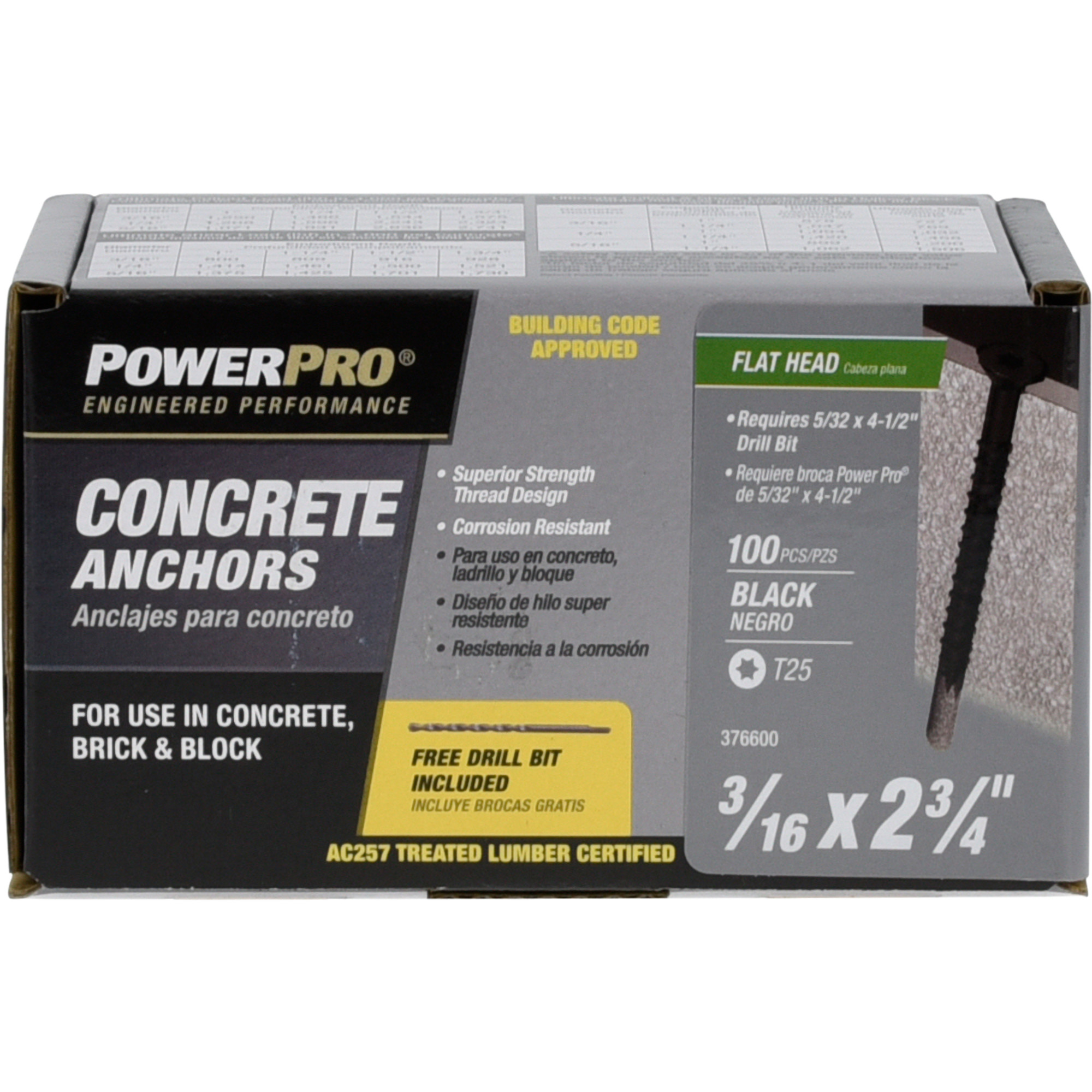Power Pro Black Flat-Head Concrete Screw Anchor (3/16 in. x 2-3/4 in.) - 100 pc