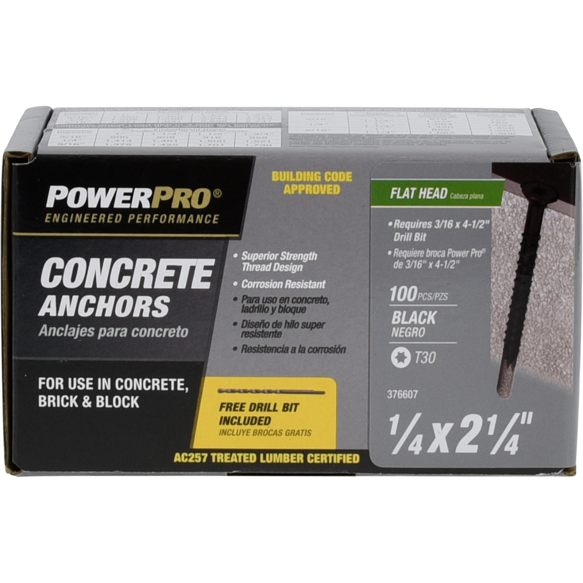 Power Pro Black Flat-Head Concrete Screw Anchor (1/4 in. x 2-1/4 in.) - 100 pc