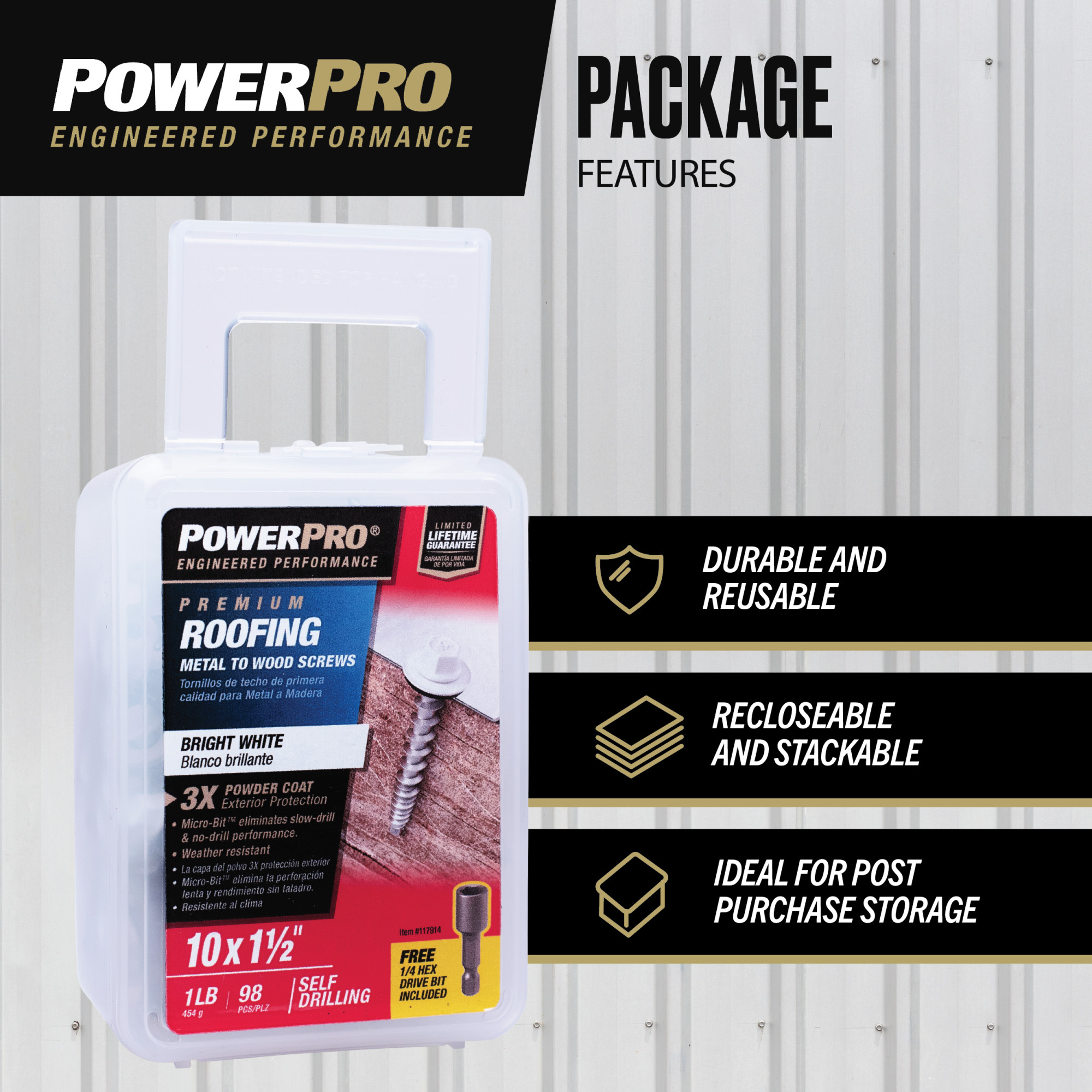 Power Pro White Self Drilling Metal-to-Wood Roofing Screws (#10 x 1-1/2 in.)-98 pc