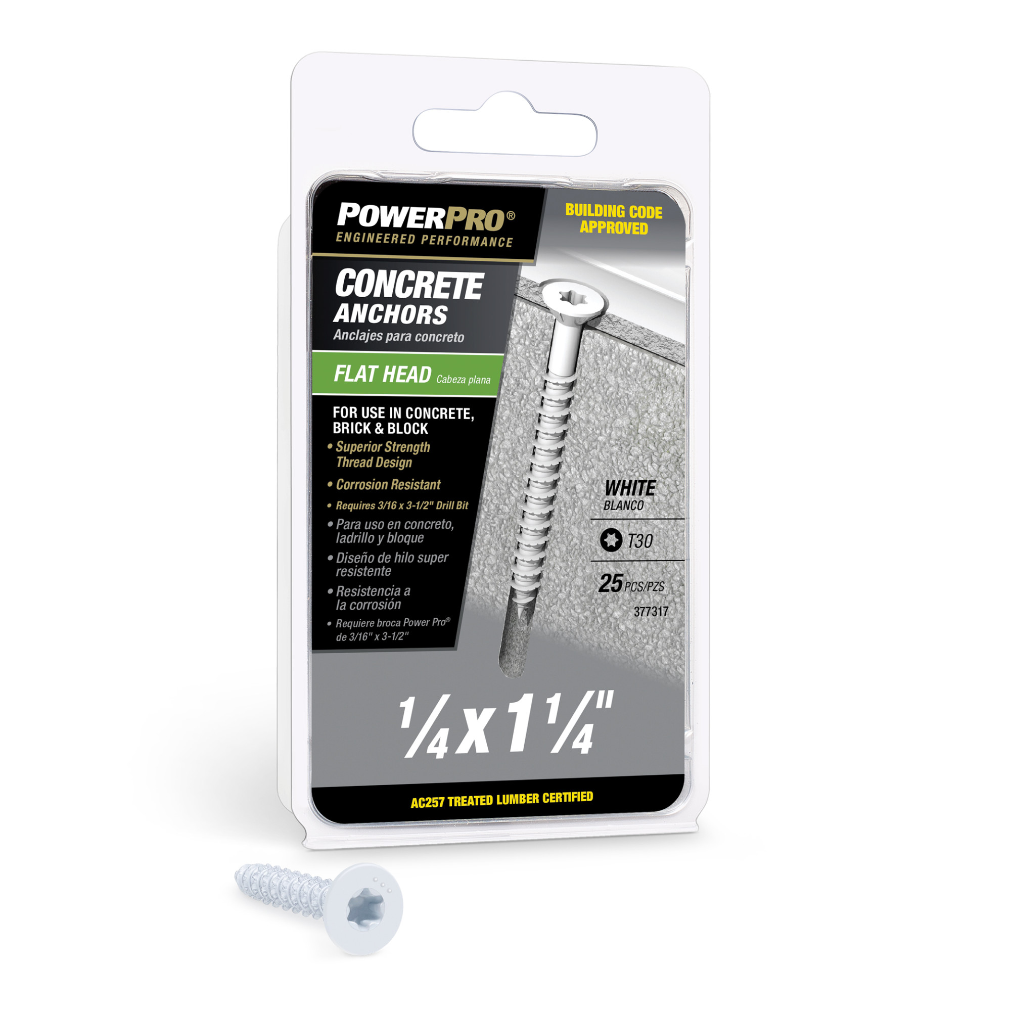 Power Pro White Flat-Head Concrete Screw Anchor (1/4 in. x 1-1/4 in.) - 25 pc