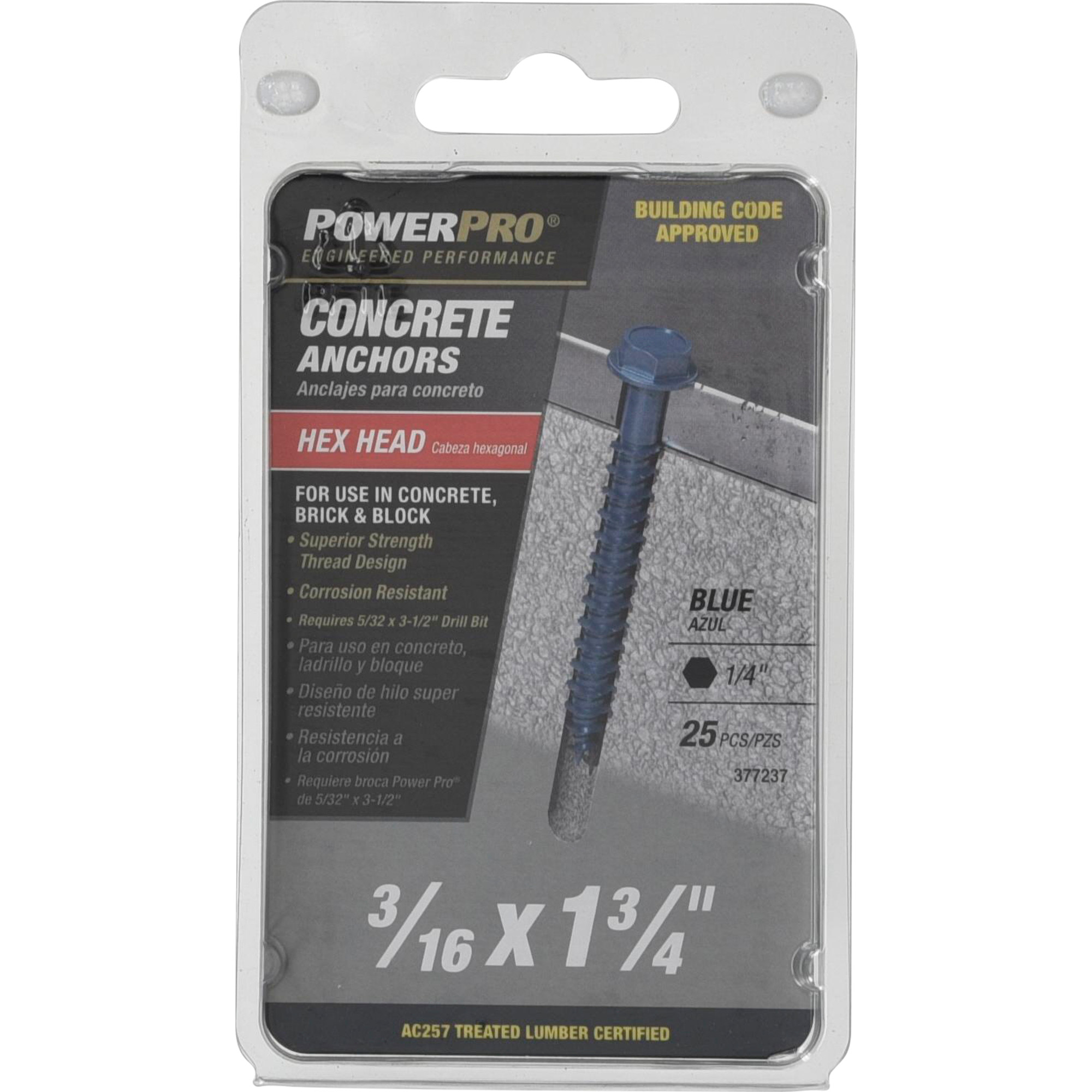 Power Pro Blue Hex Washer-Head Concrete Screw Anchor (3/16 in. x 1-3/4 in.) - 25 pc