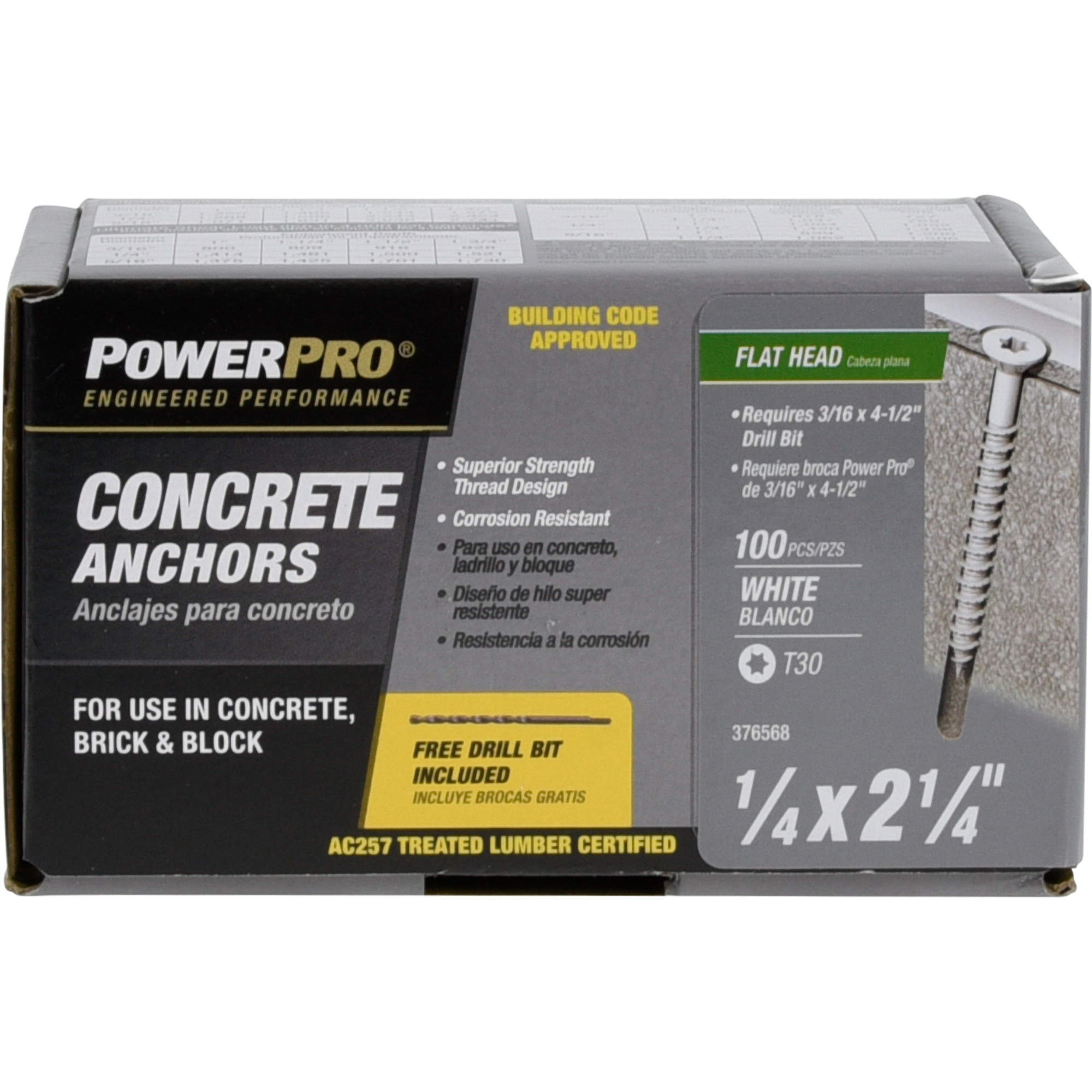 Power Pro White Flat-Head Concrete Screw Anchor (1/4 in. x 2-1/4 in.) - 100 pc