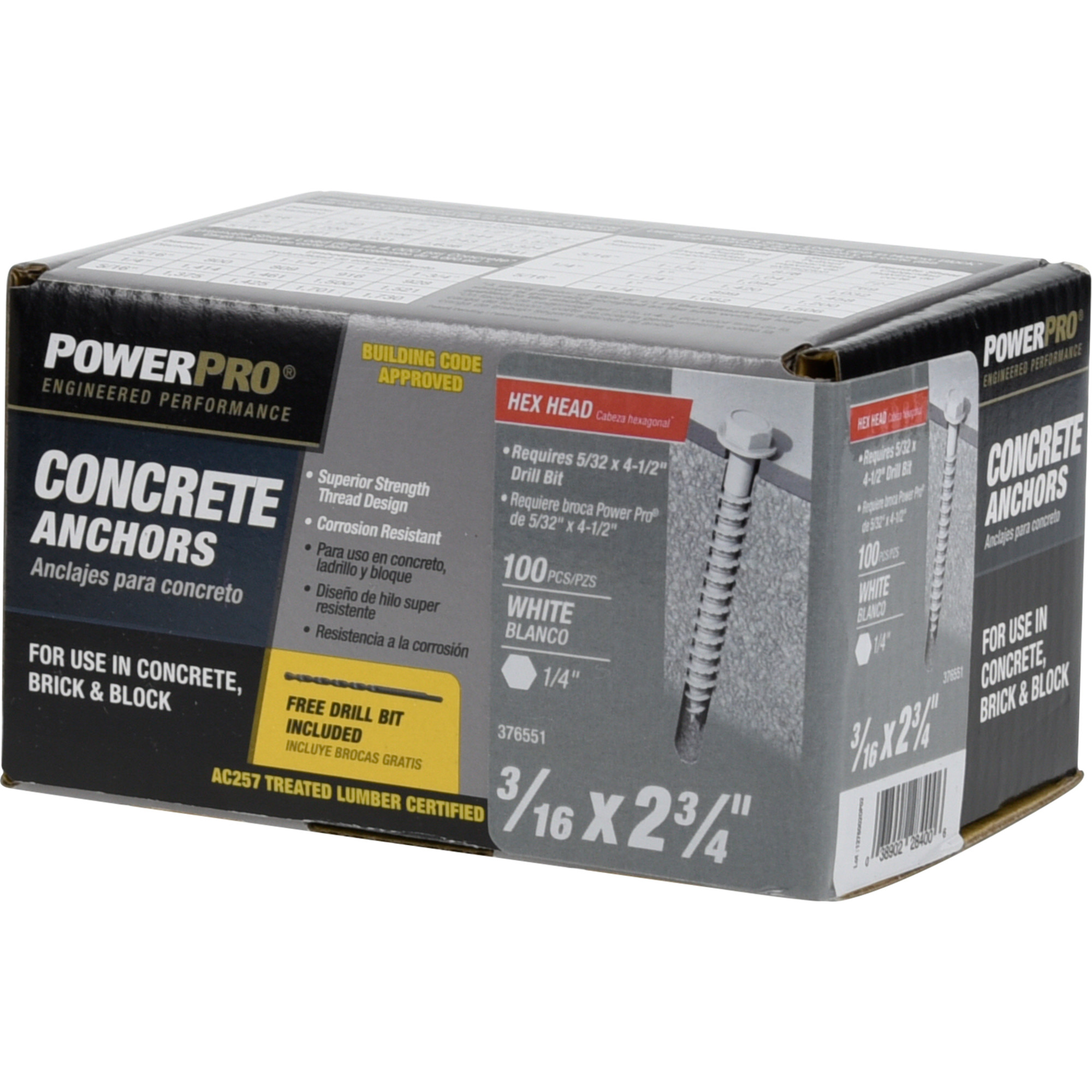 Power Pro White Hex Washer-Head Concrete Screw Anchor (3/16 in. x 2-3/4 in.) - 100 pc