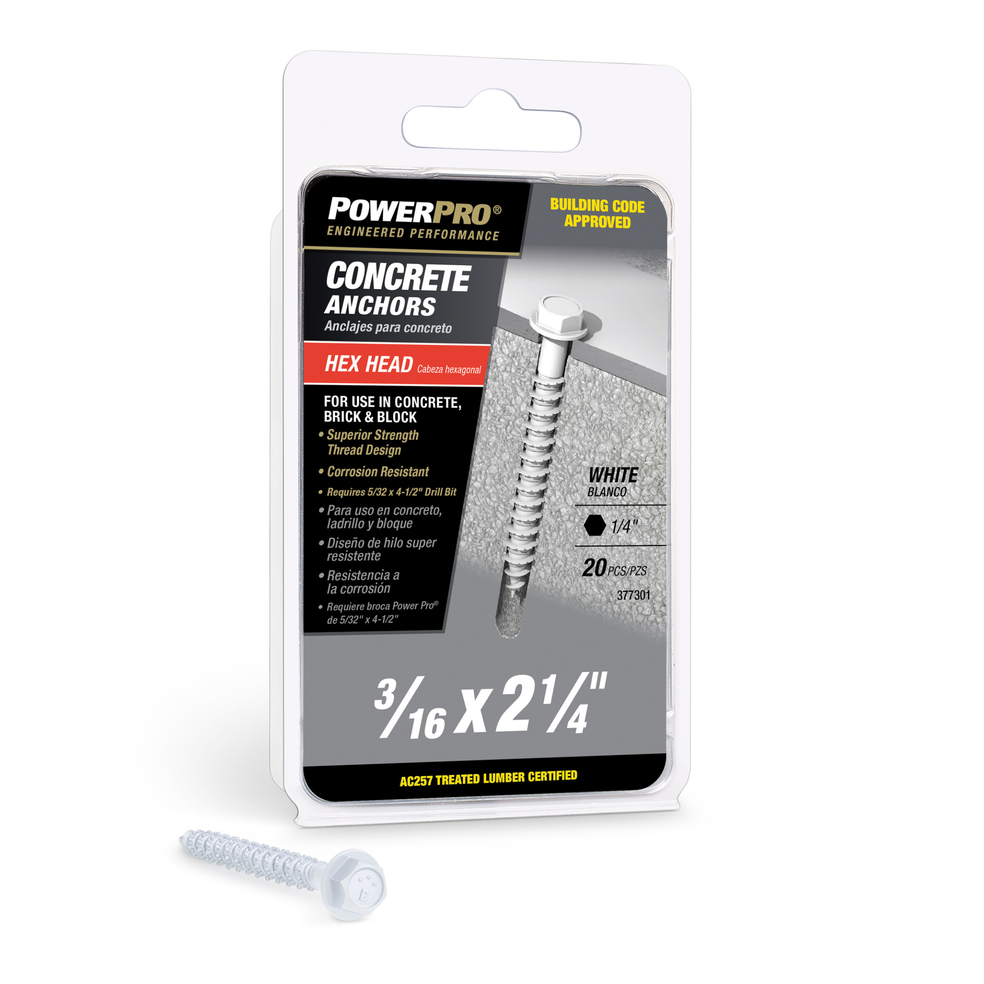 Power Pro White Hex Washer-Head Concrete Screw Anchor (3/16 in. x 2-1/4 in.) - 20 pc