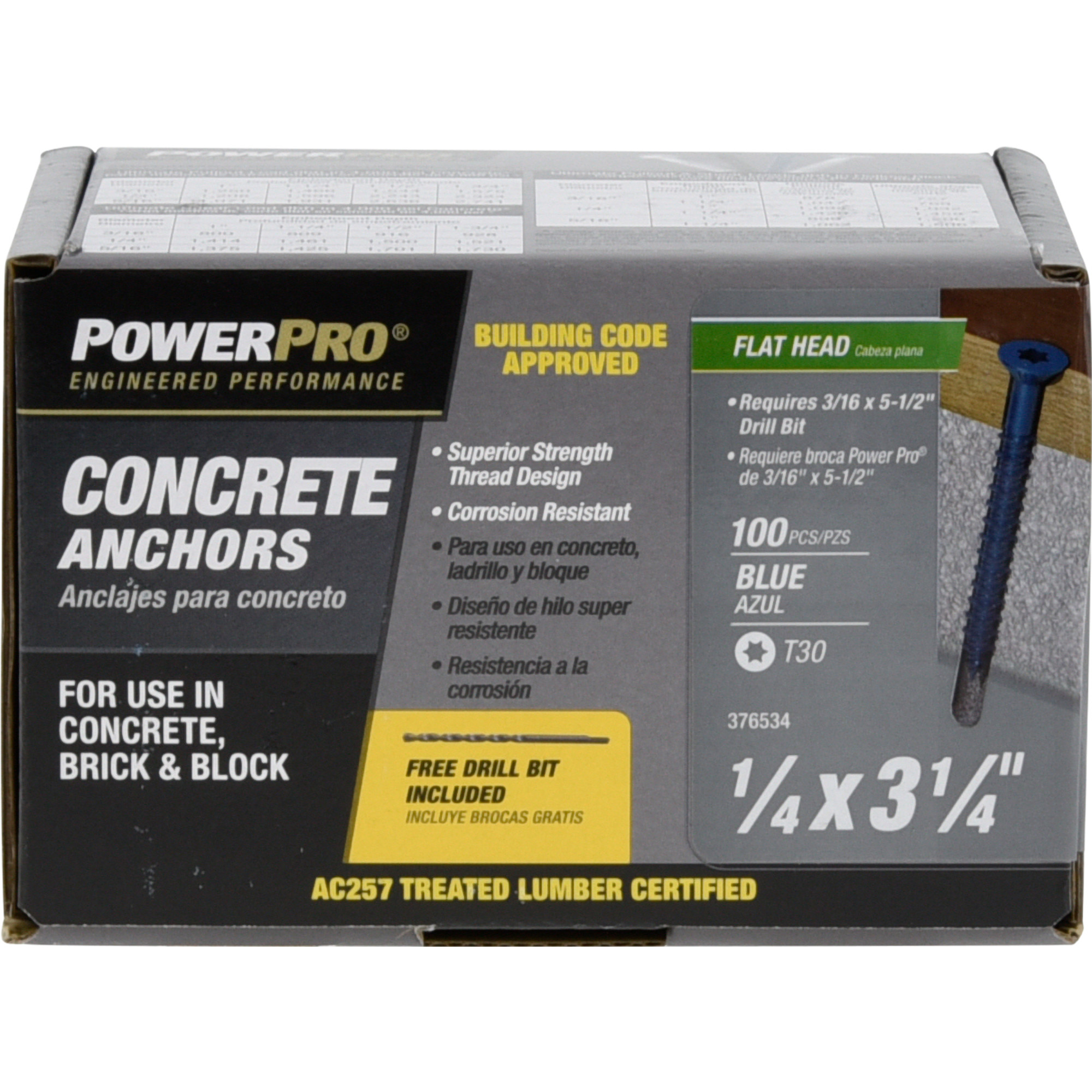 Power Pro Blue Flat-Head Concrete Screw Anchor (1/4 in. x 3-1/4 in.) - 100 pc