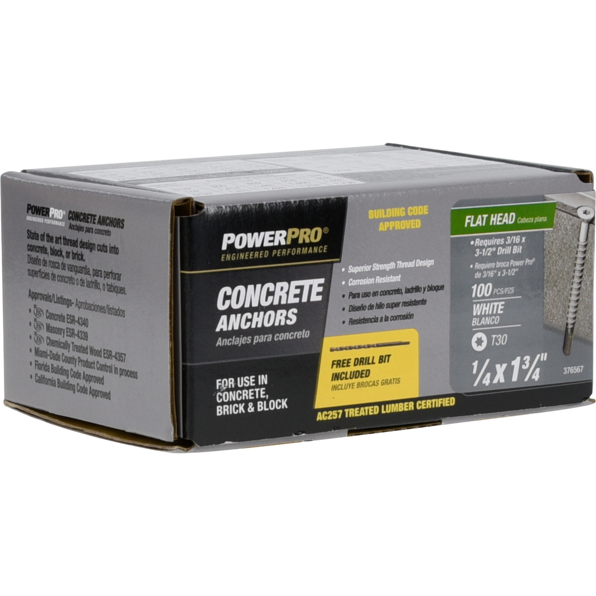 Power Pro White Flat-Head Concrete Screw Anchor (1/4 in. x 1-3/4 in.) - 100 pc