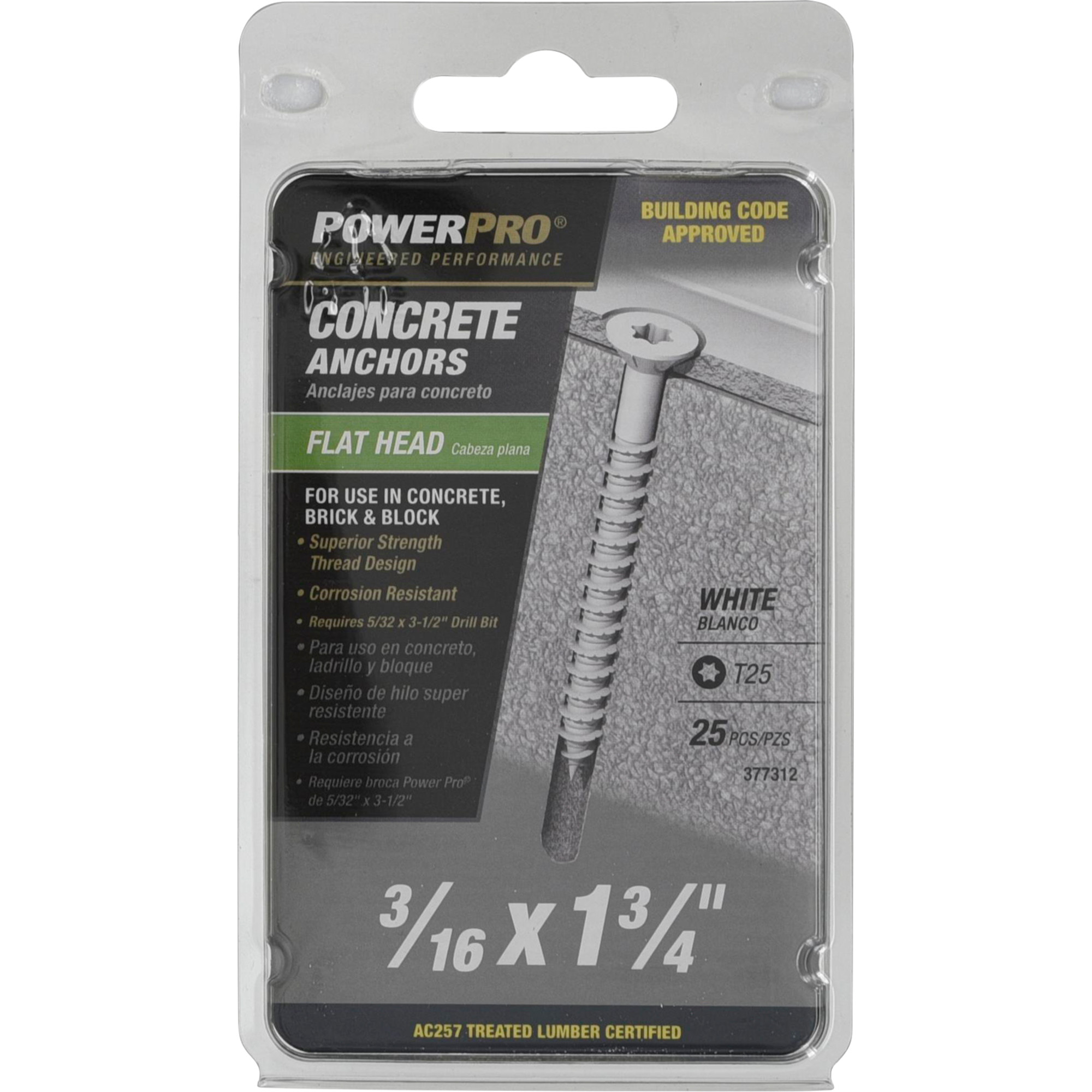Power Pro White Flat-Head Concrete Screw Anchor (3/16 in. x 1-3/4 in.) - 25 pc