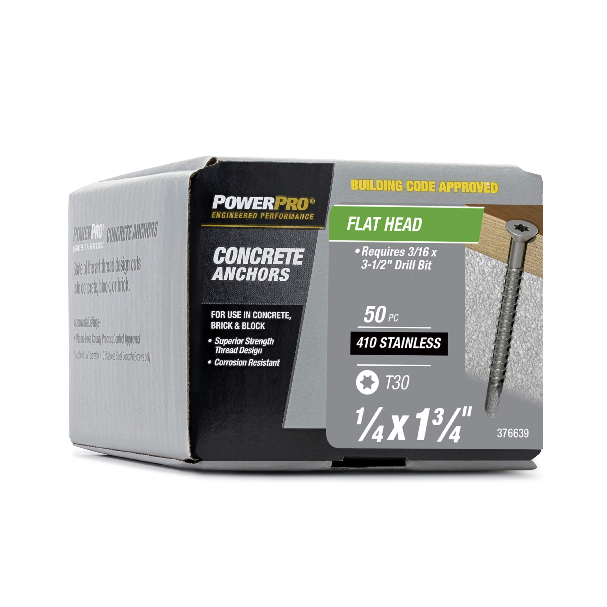 Power Pro 410 Stainless Flat Concrete Screw Anchor (1/4 in. x 1-3/4 in.) 100 pc