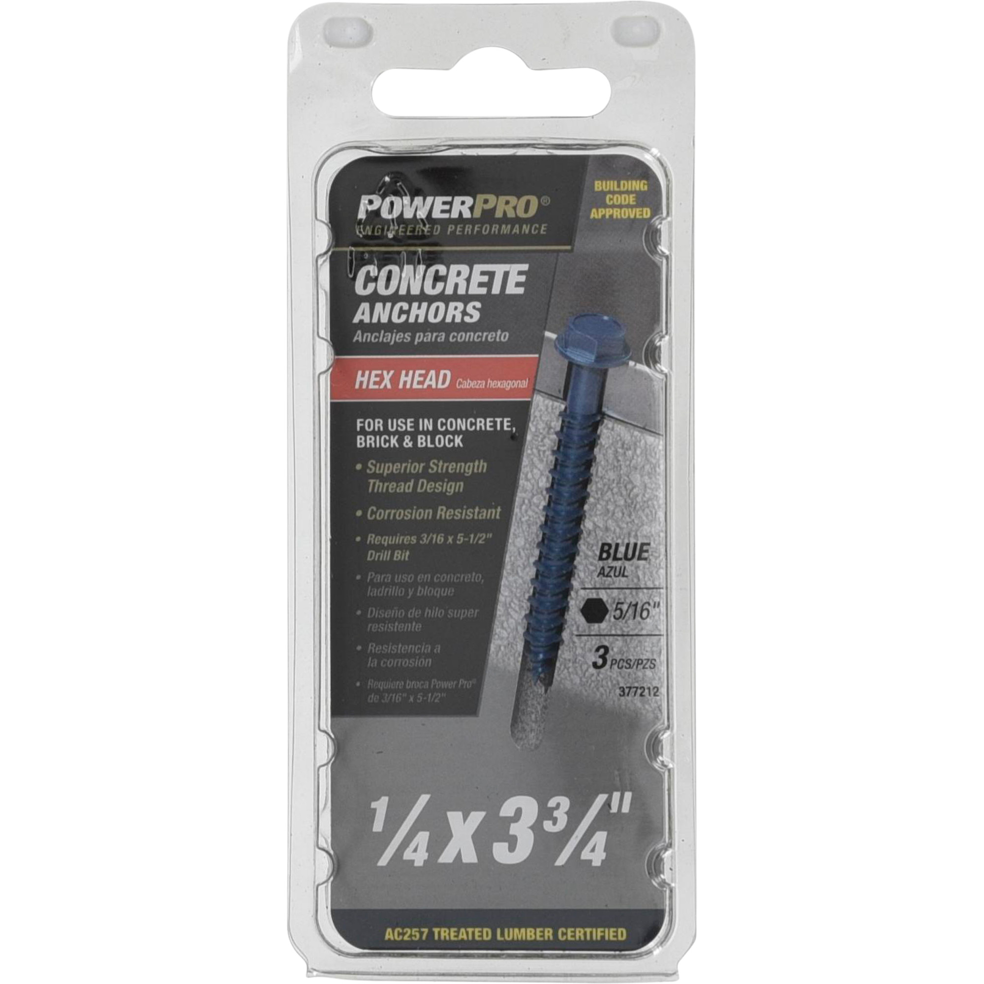 Power Pro Blue Hex Washer-Head Concrete Screw Anchor (1/4 in. x 3-3/4 in.) - 3 pc