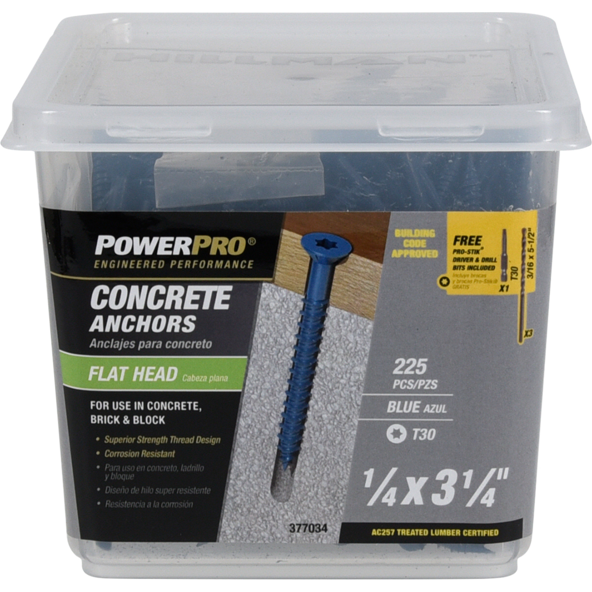 Power Pro Blue Flat-Head Concrete Screw Anchor (1/4 in. x 3-1/4 in.) - 225 pc