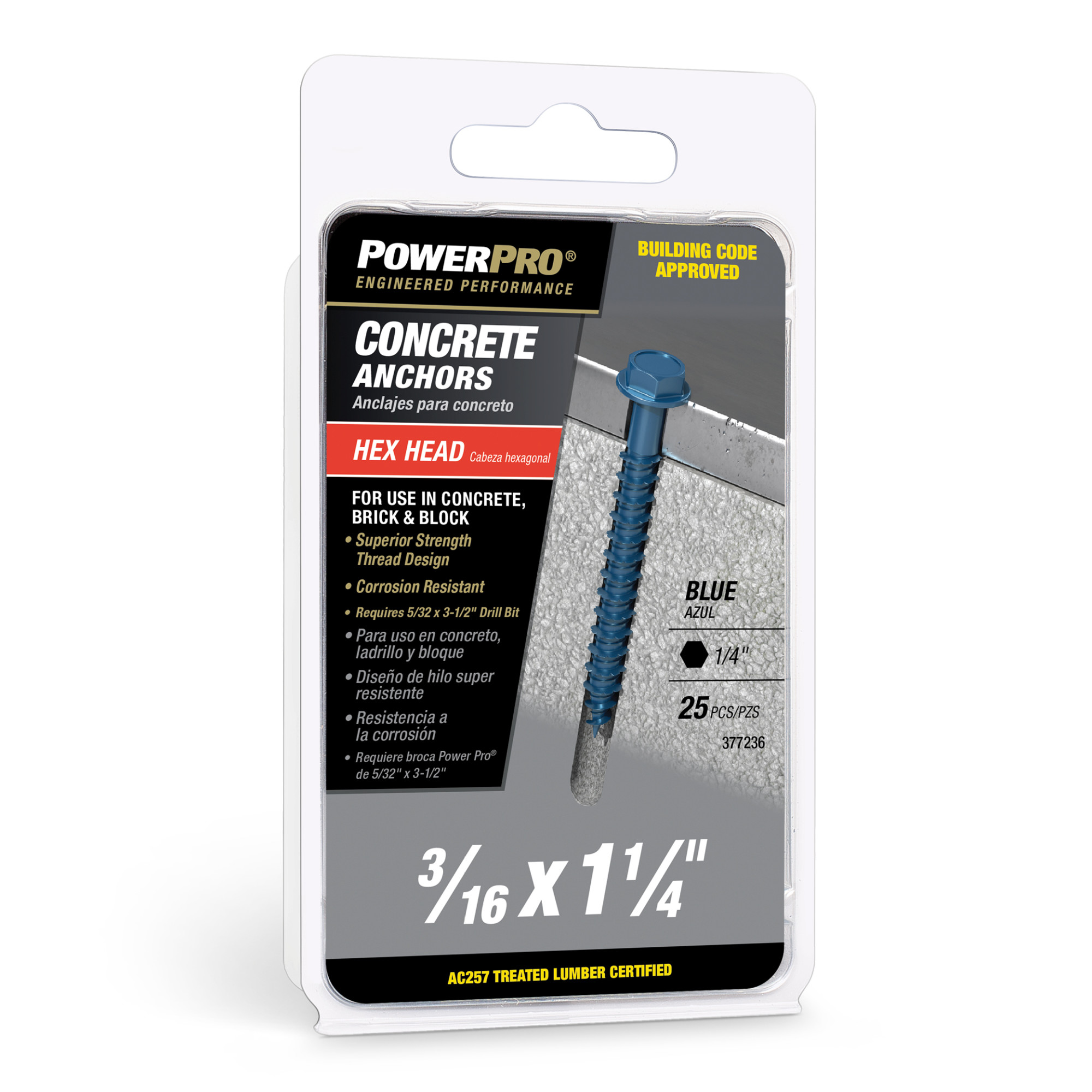 Power Pro Blue Hex Washer-Head Concrete Screw Anchor (3/16 in. x 1-1/4 in.) - 25 pc