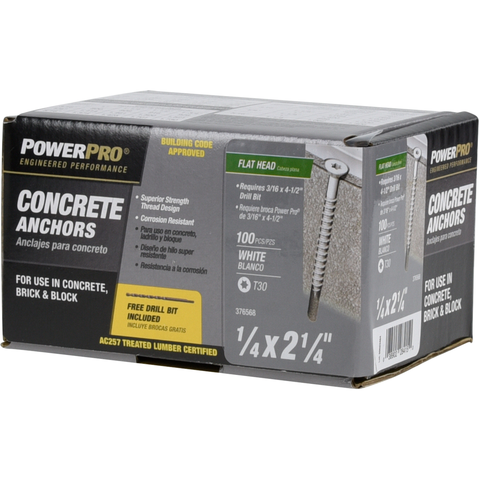 Power Pro White Flat-Head Concrete Screw Anchor (1/4 in. x 2-1/4 in.) - 100 pc