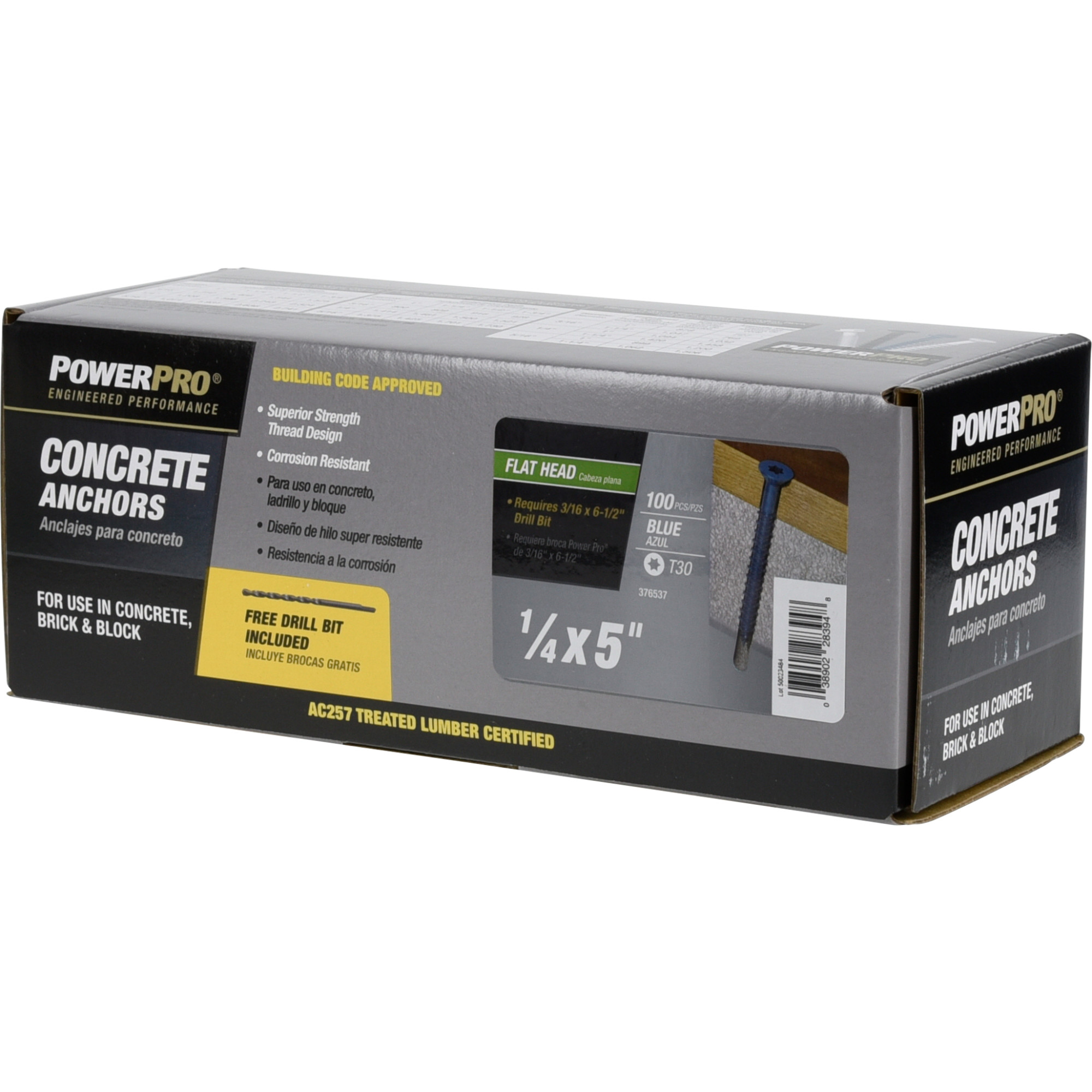 Power Pro Blue Flat-Head Concrete Screw Anchor (1/4 in. x 5 in.) - 100 pc