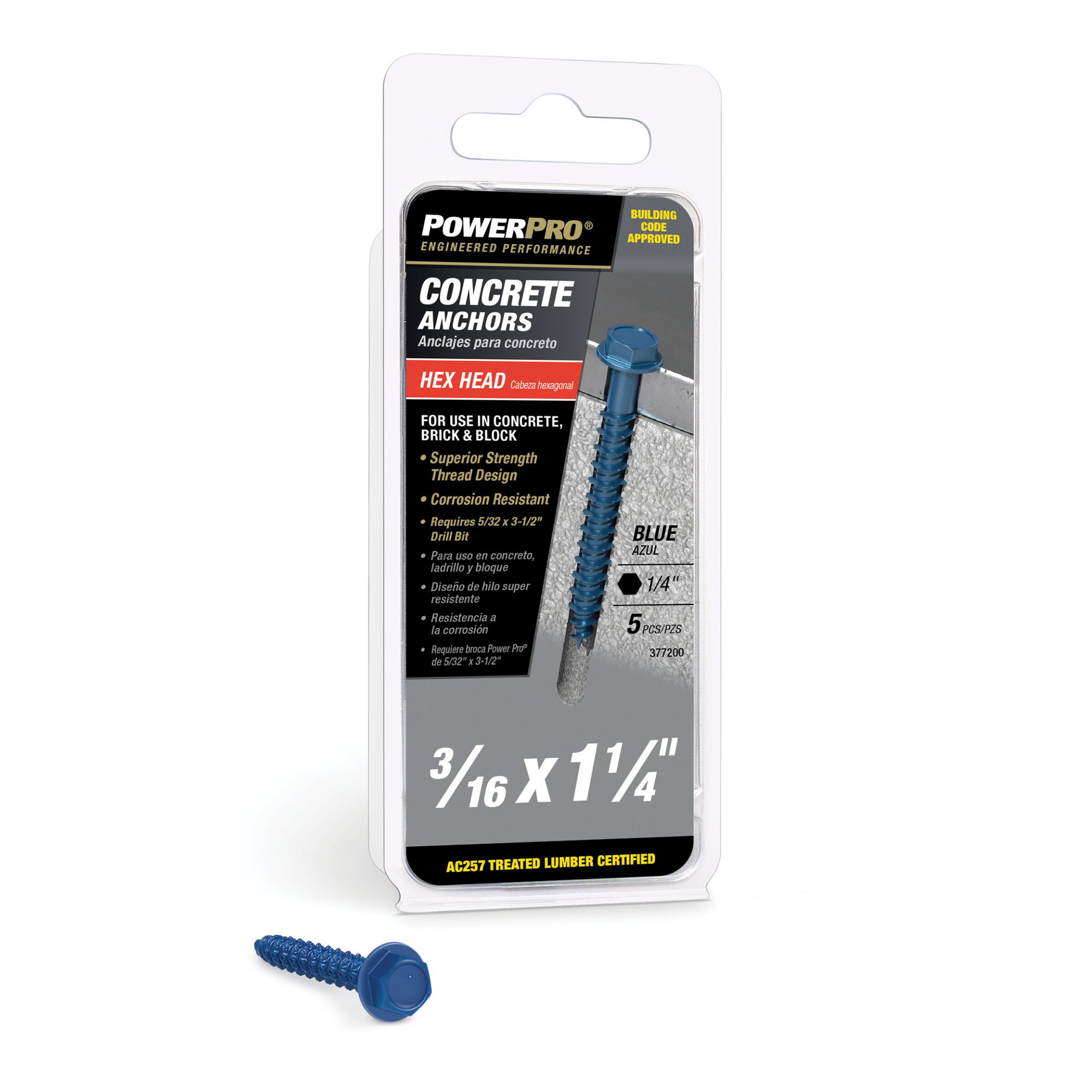 Power Pro Blue Hex Washer-Head Concrete Screw Anchor (3/16 in. x 1-1/4 in.) - 5 pc