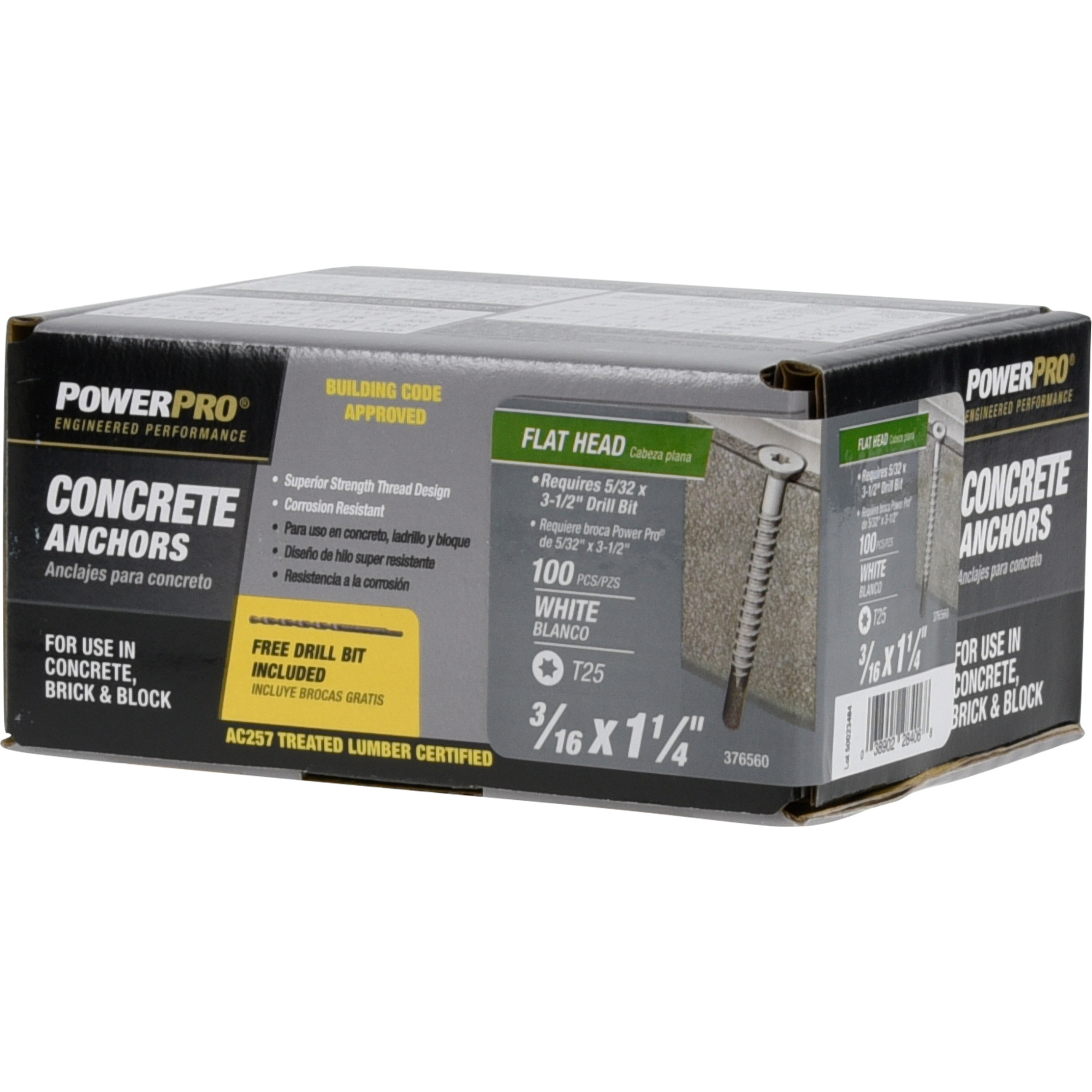 Power Pro White Flat-Head Concrete Screw Anchor (3/16 in. x 1-1/4 in.) - 100 pc